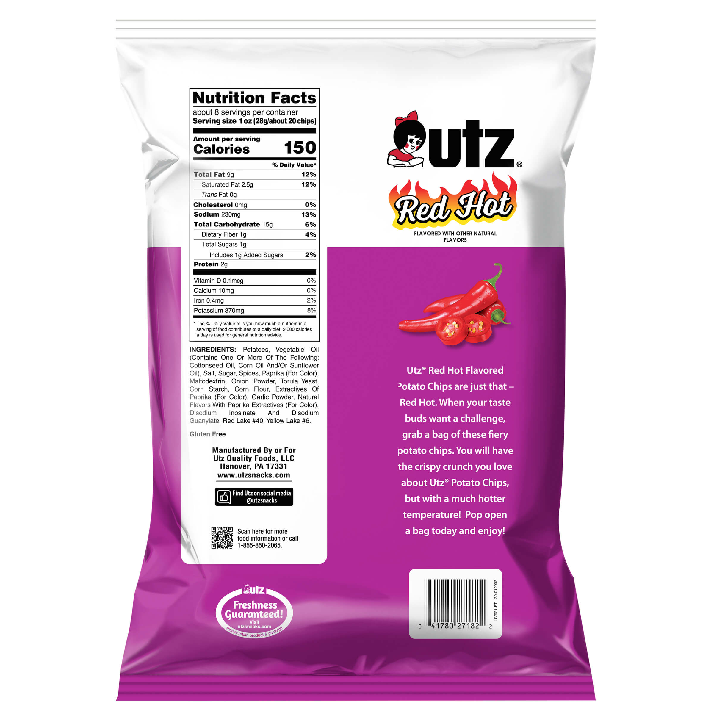 Outz Red Hot potato chip bag with nutrition facts label on a white background