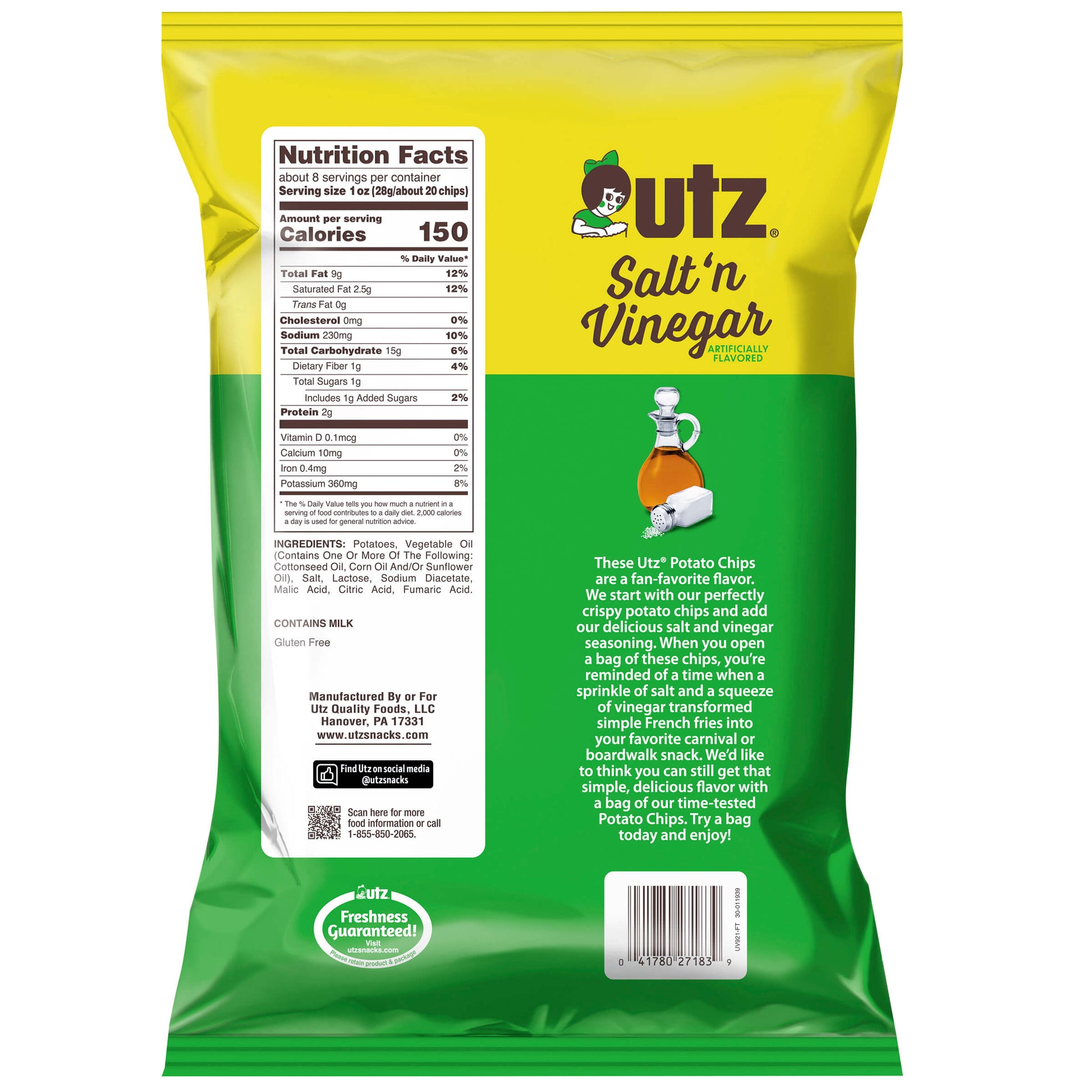 Back view of a Utz Salt 'n Vinegar potato chips bag with nutritional information and branding.