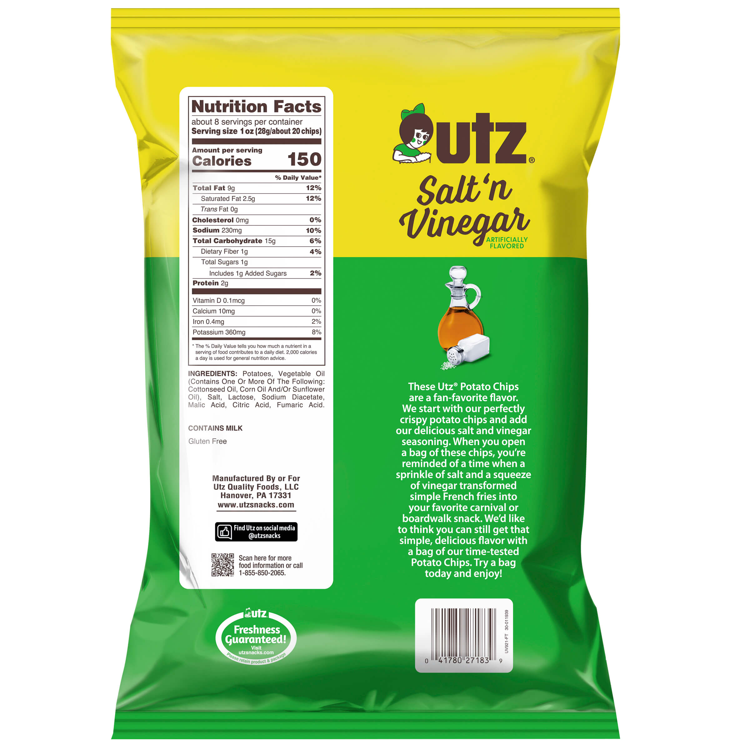 Back view of a Utz Salt 'n Vinegar potato chips bag with nutritional information and branding.
