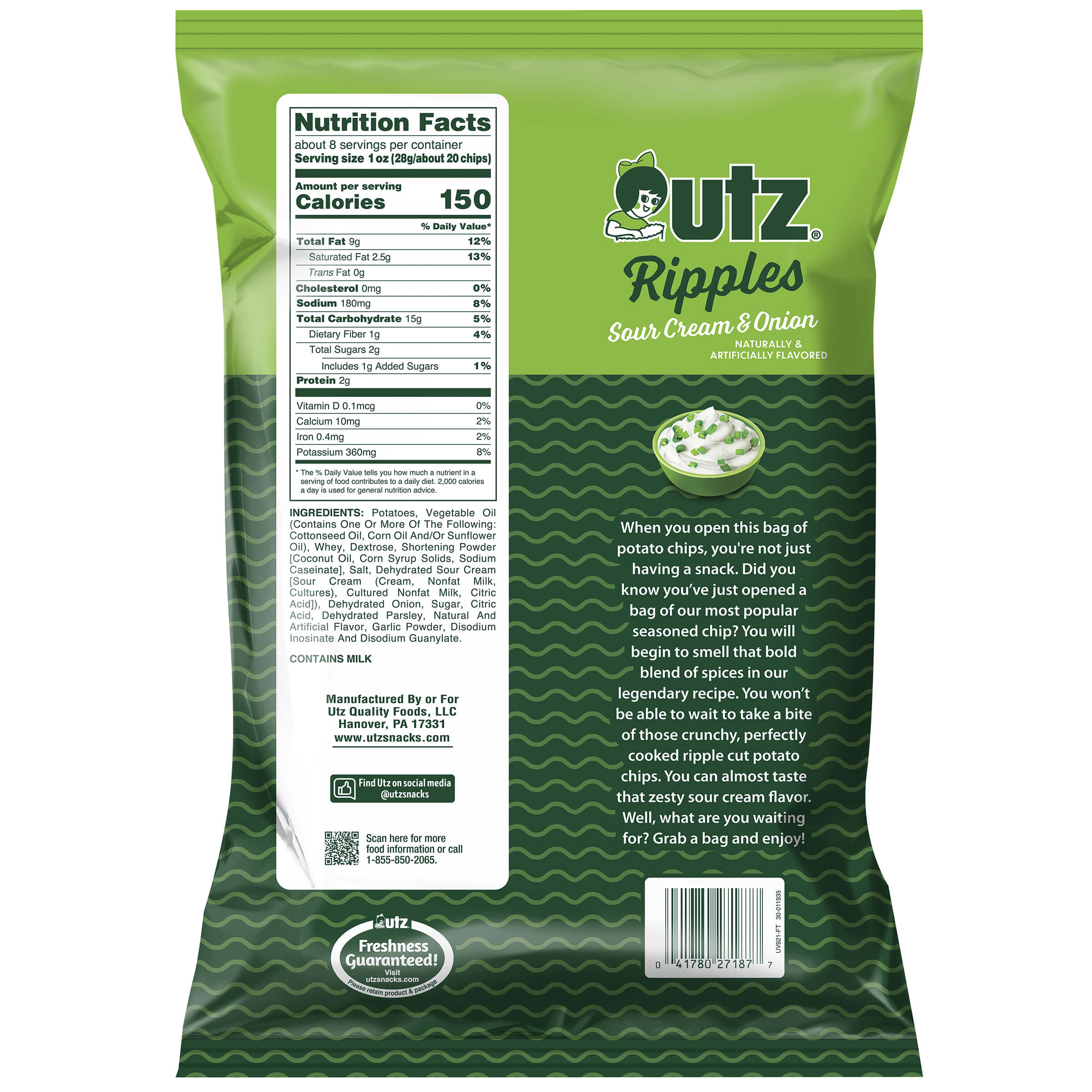 utz Ripples Sour Cream & Onion chip bag with nutrition facts and description on a white background