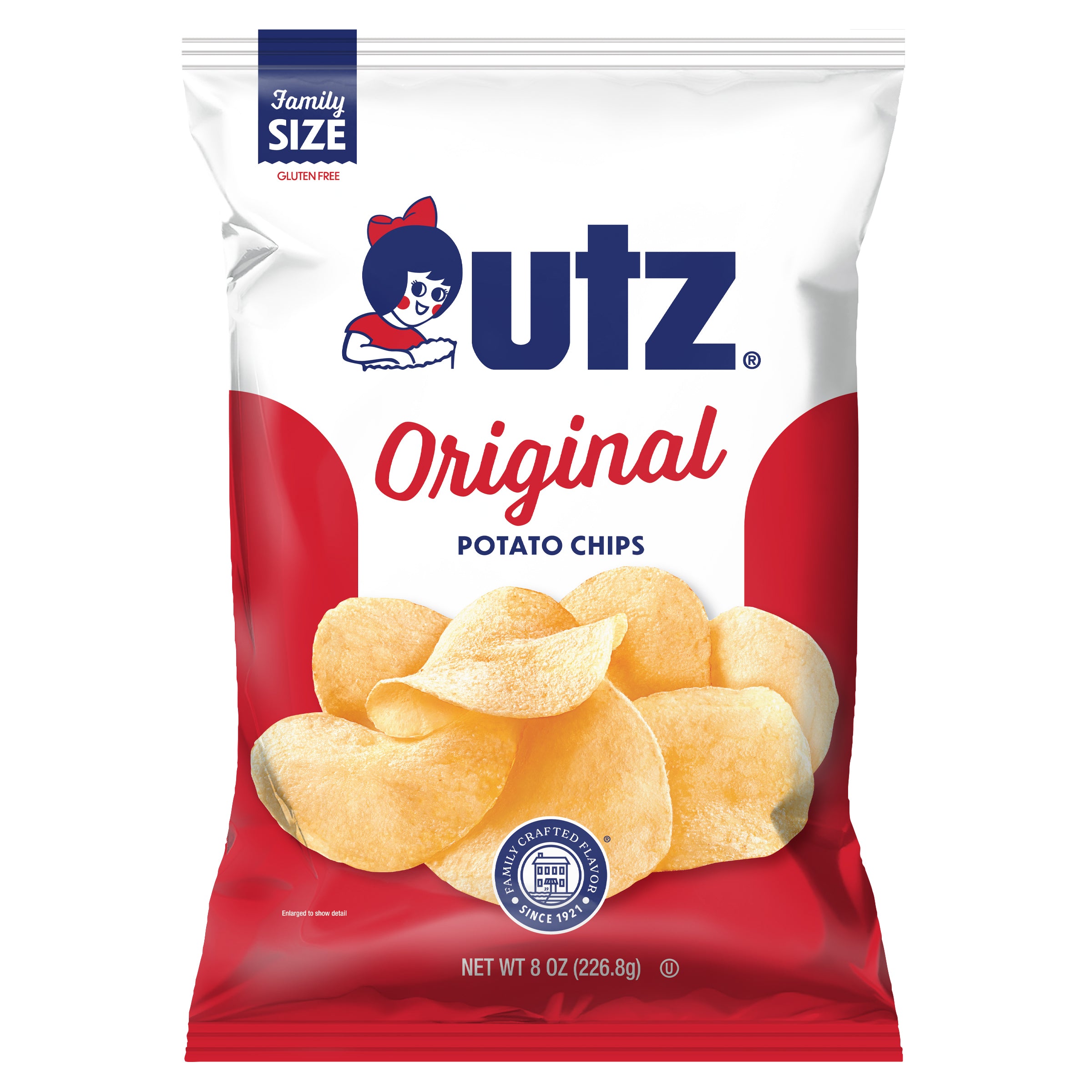 Front of Utz Original Potato Chips package, 8 oz (226.8g) family size, showing the Utz logo with a smiling cartoon character. The package displays an image of potato chips and a round stamp with 'Family Crafted Flavor Since 1921.' The text includes 'Original Potato Chips' in red font and 'Family Size' in a blue banner.

