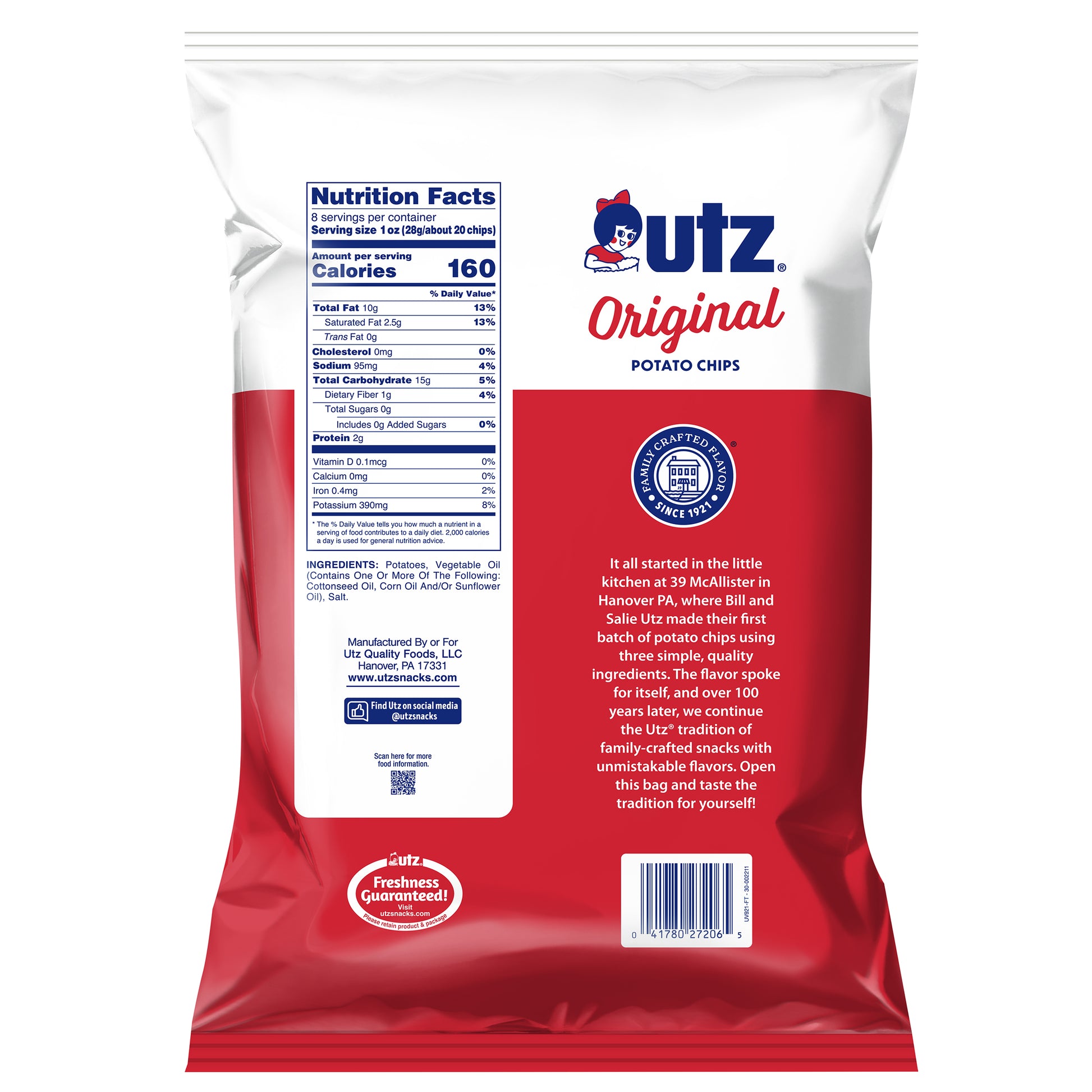 UTZ Original potato chips packaging with nutrition facts label on a white background