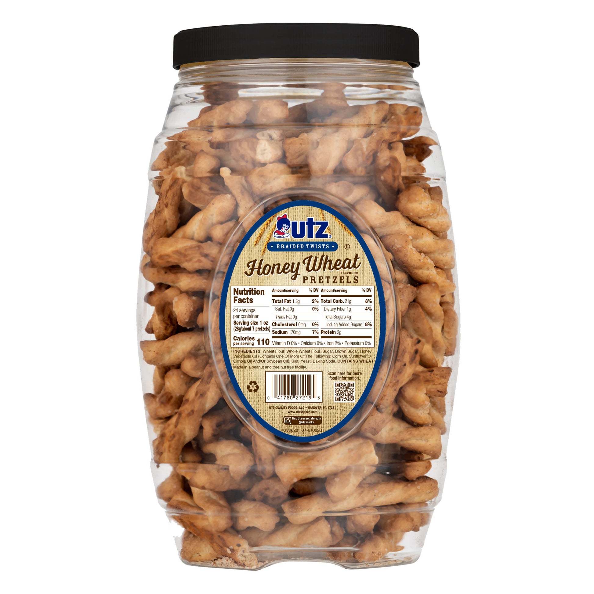 Jar of Utz Honey Wheat Pretzels on a white background