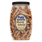 Jar of Utz Honey Wheat Pretzels on a white background