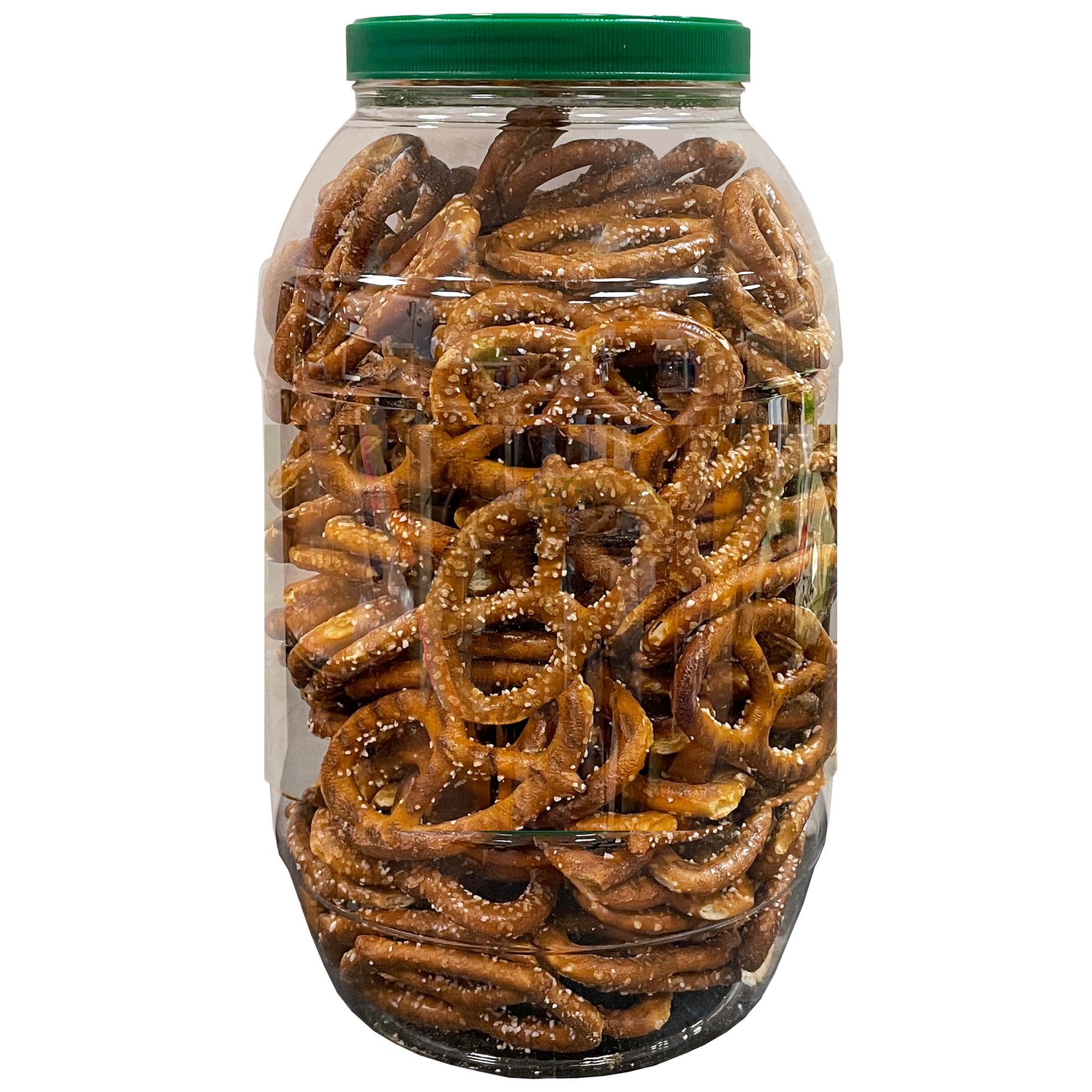 Clear jar filled with pretzels and a green lid on a white background