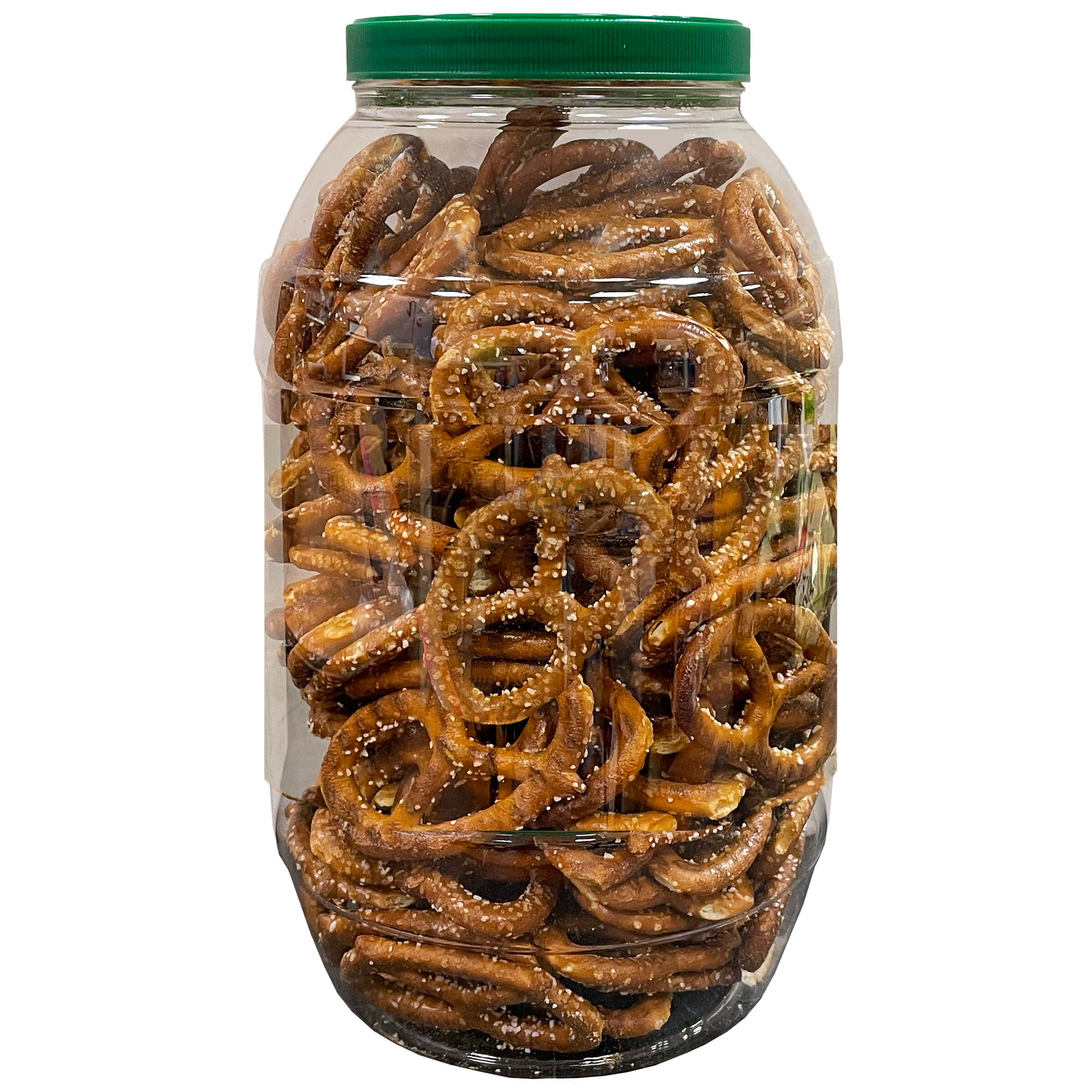 Clear jar filled with pretzels and a green lid on a white background
