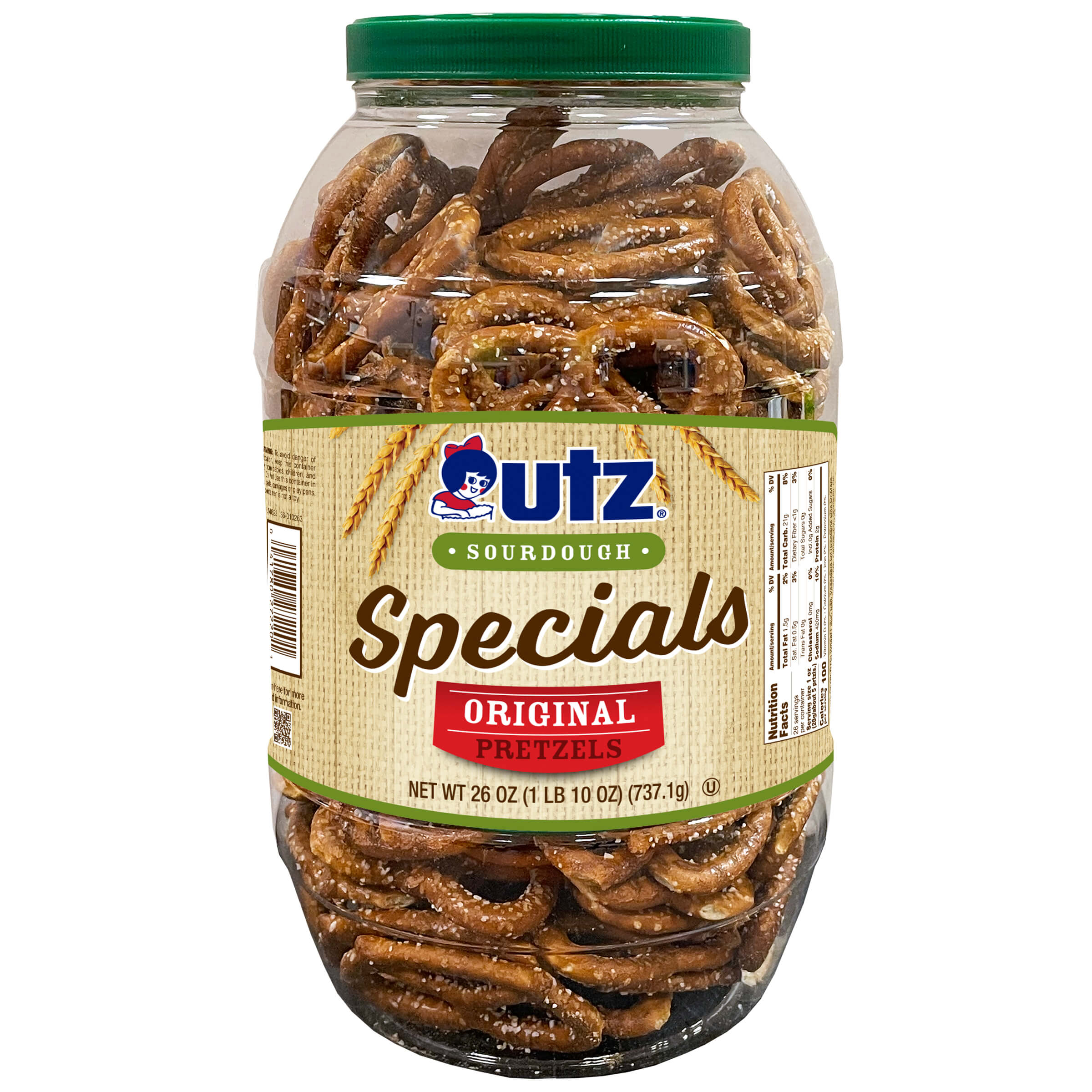 Jar of Utz Sourdough Specials Original Pretzels on a white background