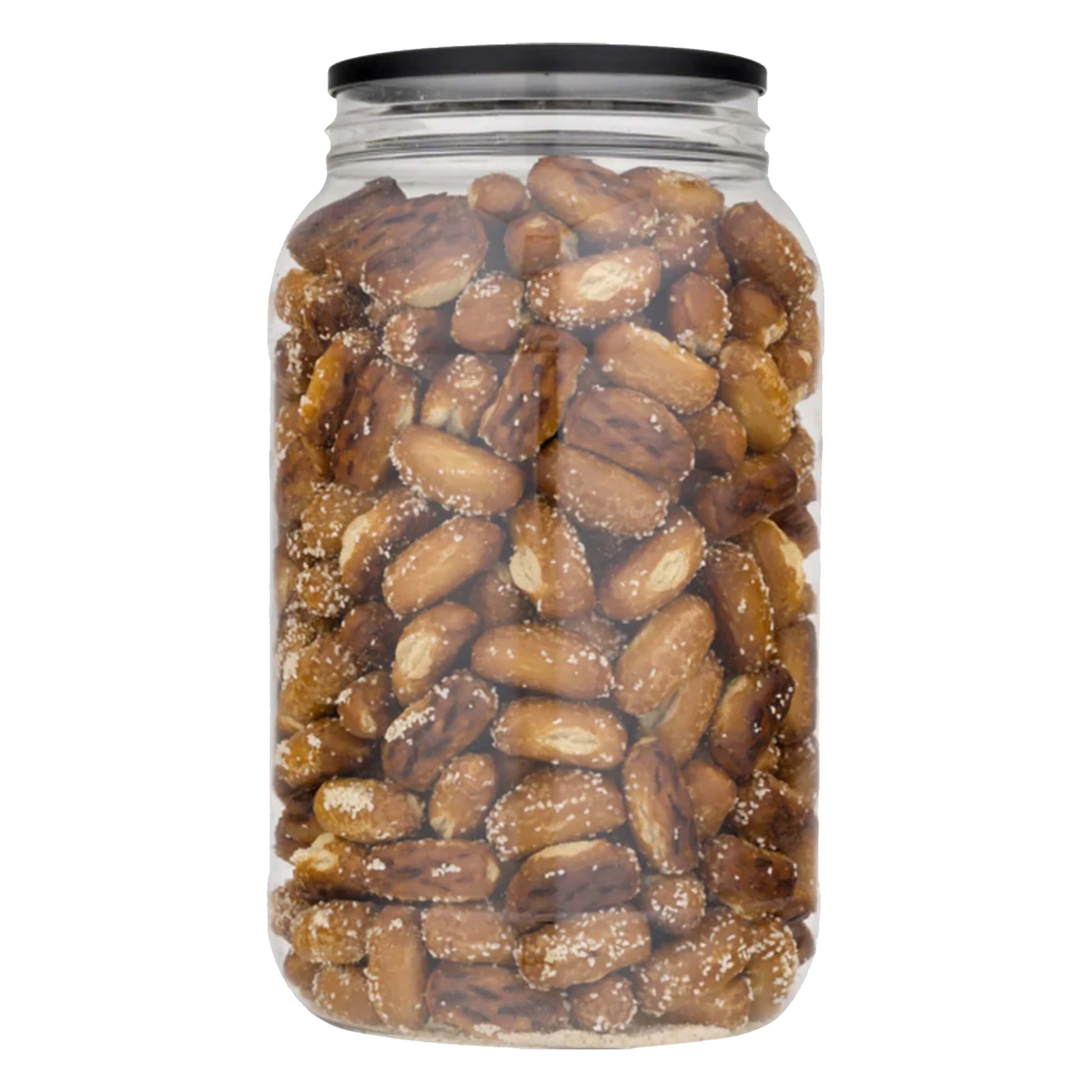 Jar of roasted almonds on a white background