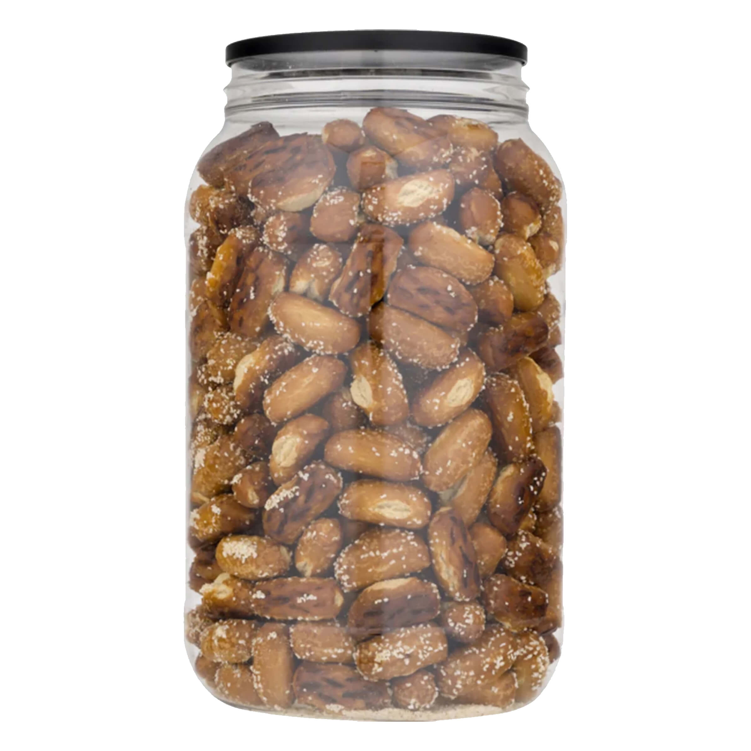 Jar of roasted almonds on a white background