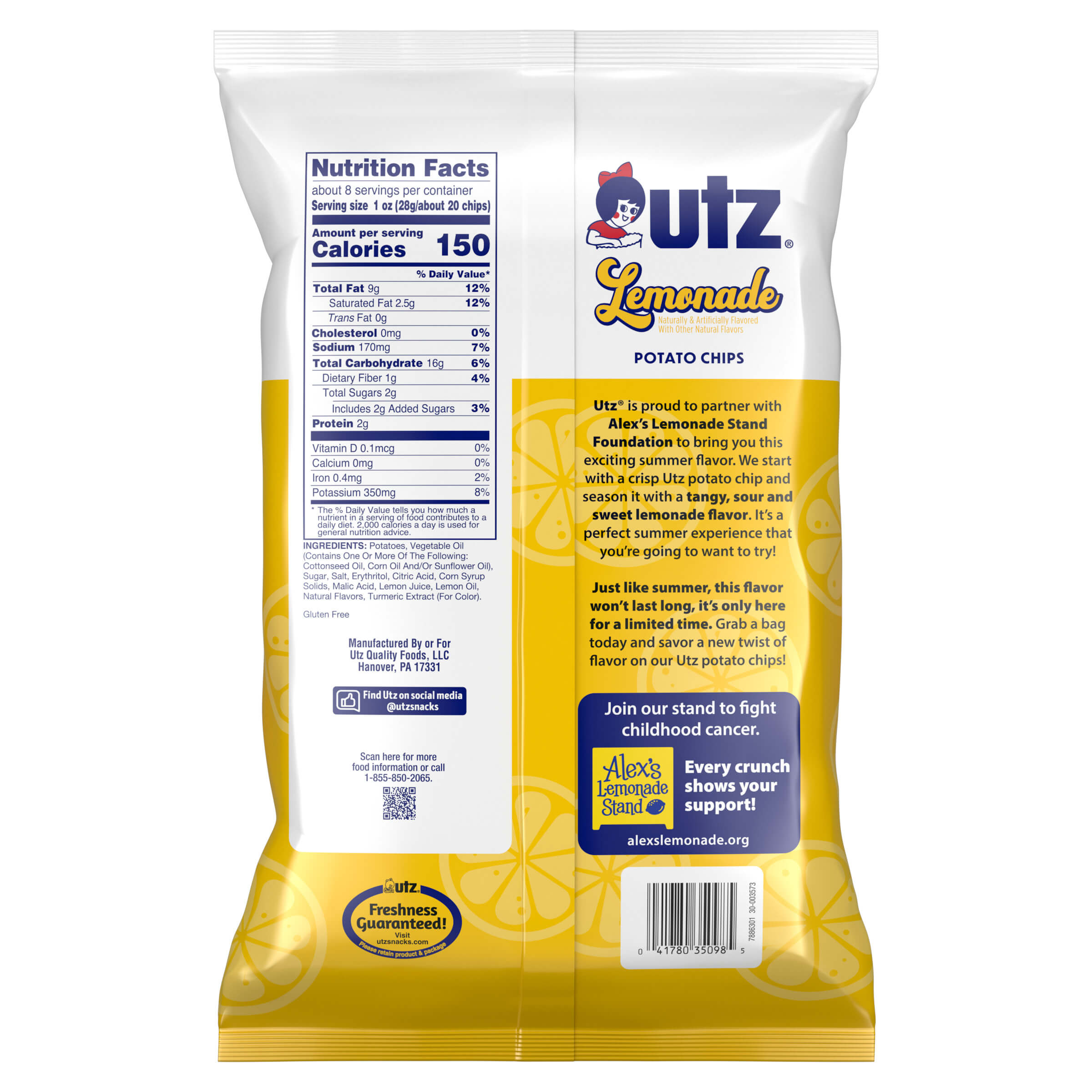 Utz Lemonade potato chips packaging with nutritional information and branding details.