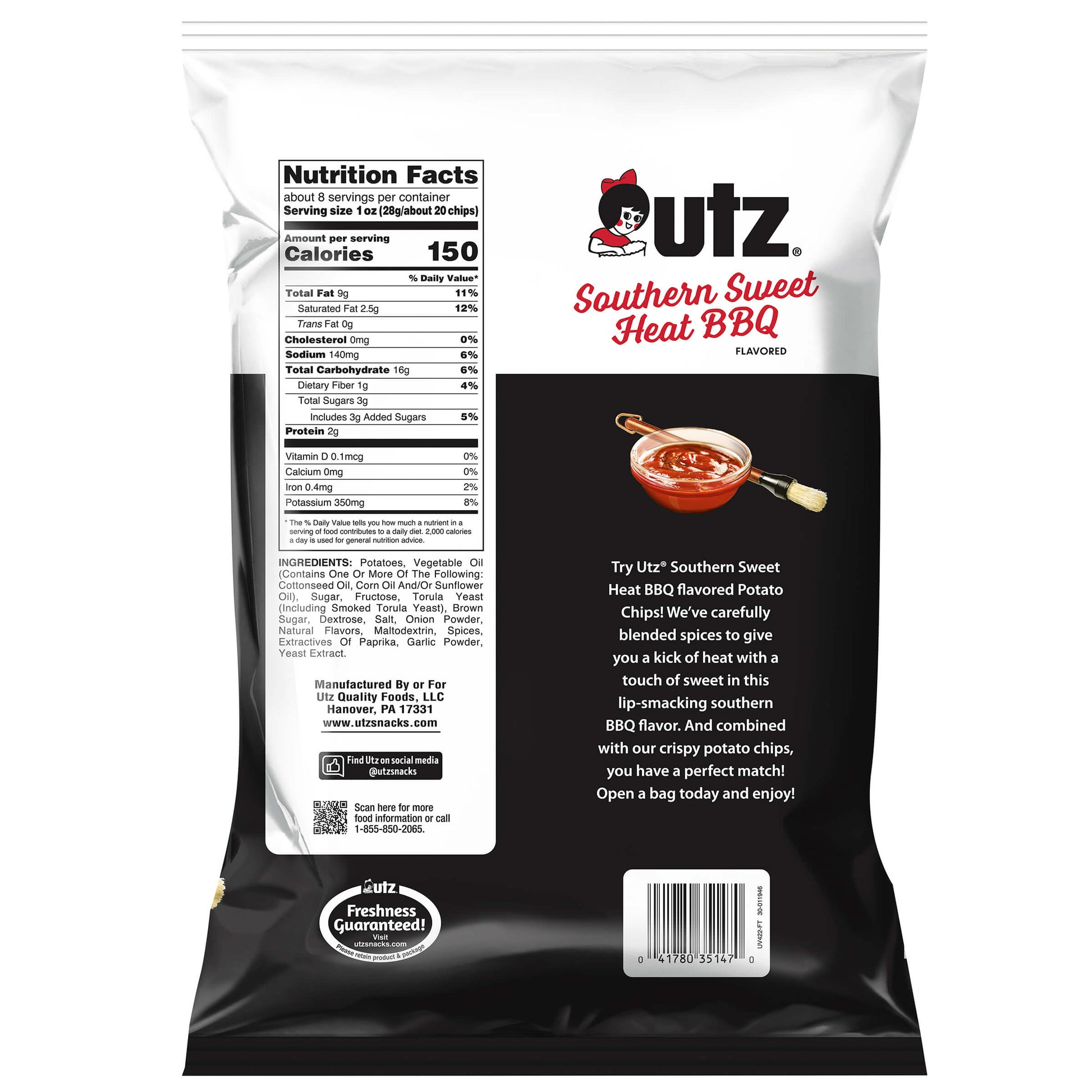 Outz Southern Sweet Heat BBQ potato chips packaging with nutrition facts and description.