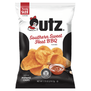 UTZ Southern Sweet Heat BBQ flavored potato chips packaging on a black background