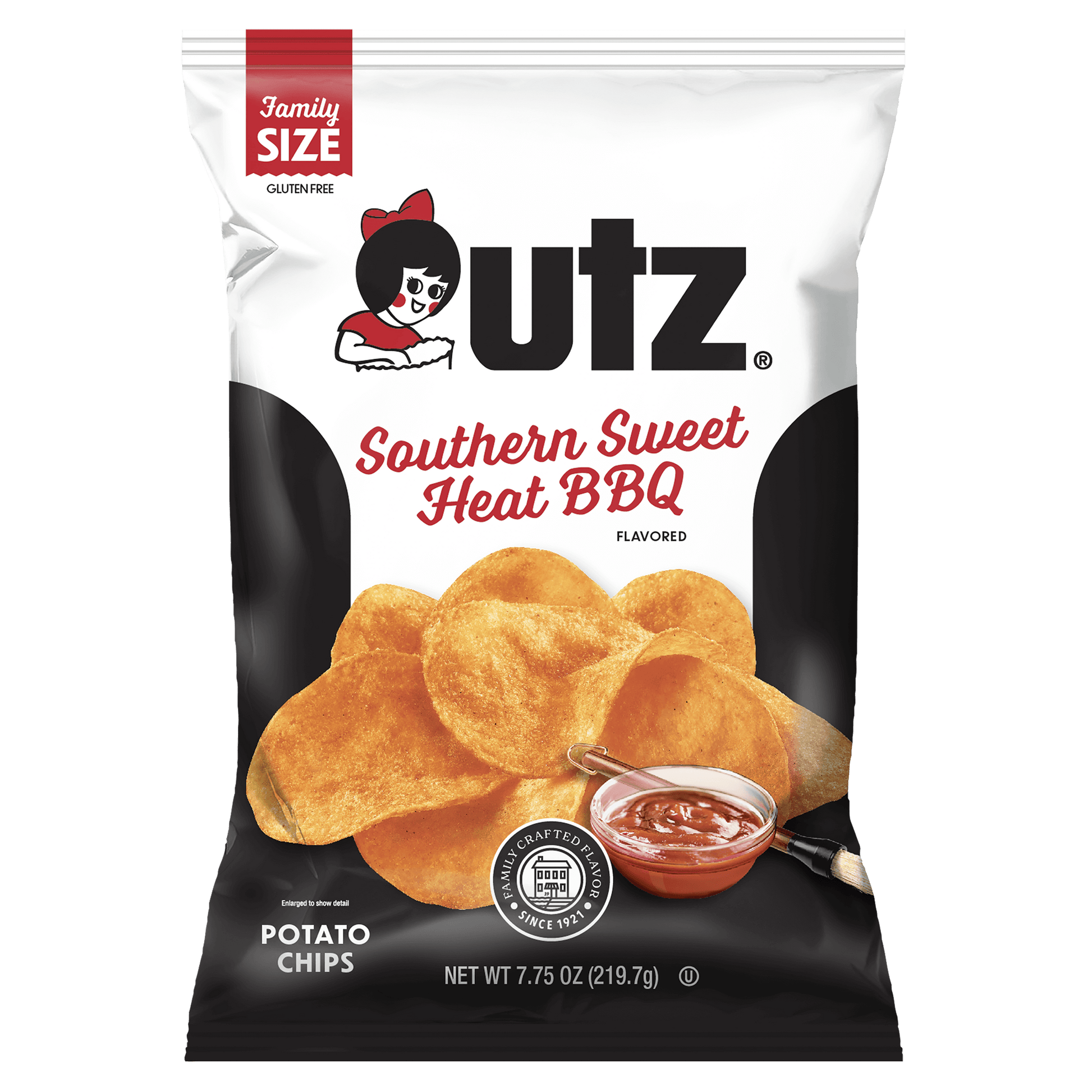 UTZ Southern Sweet Heat BBQ flavored potato chips packaging on a black background