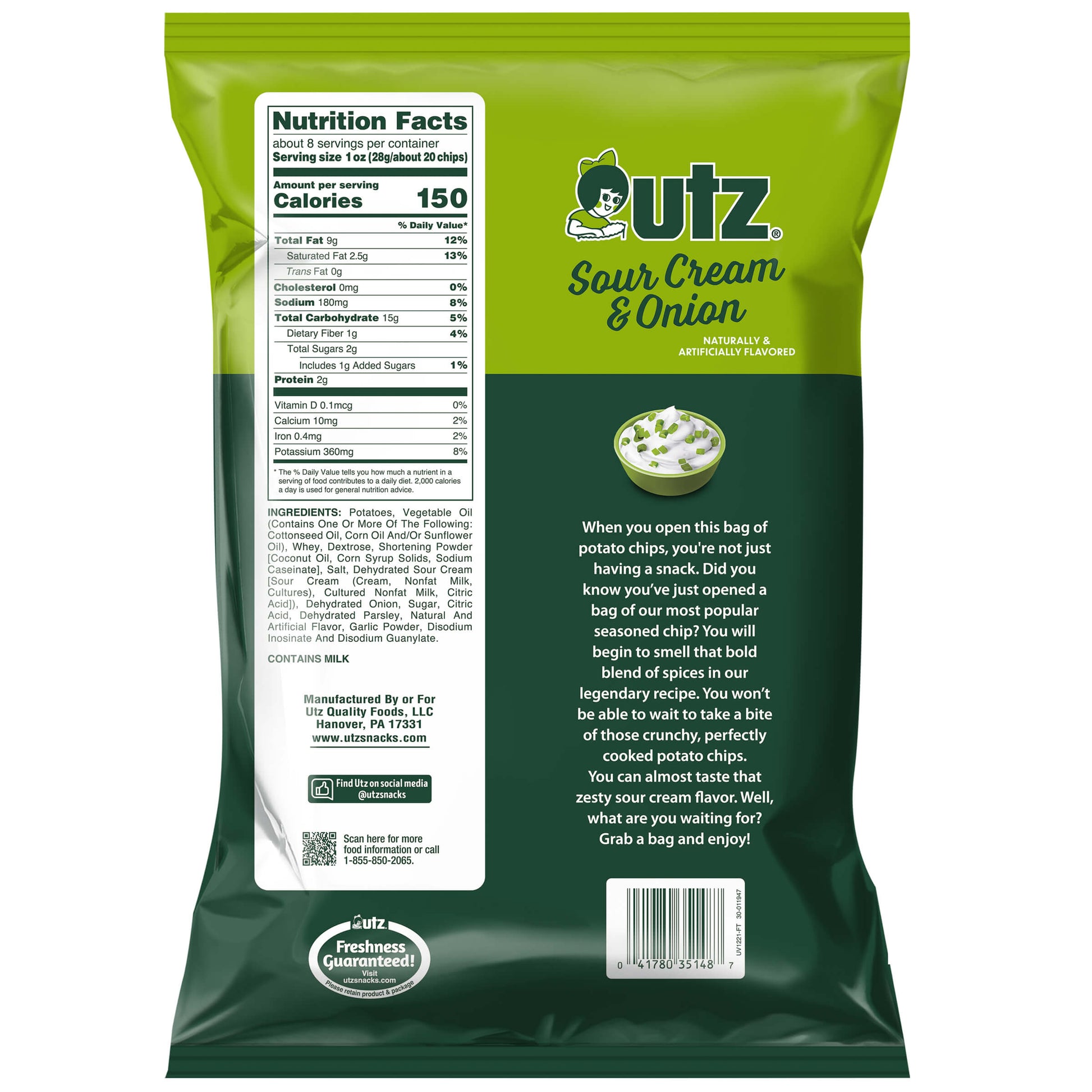 Outz Sour Cream & Onion potato chips packaging with nutrition facts and description on a white background