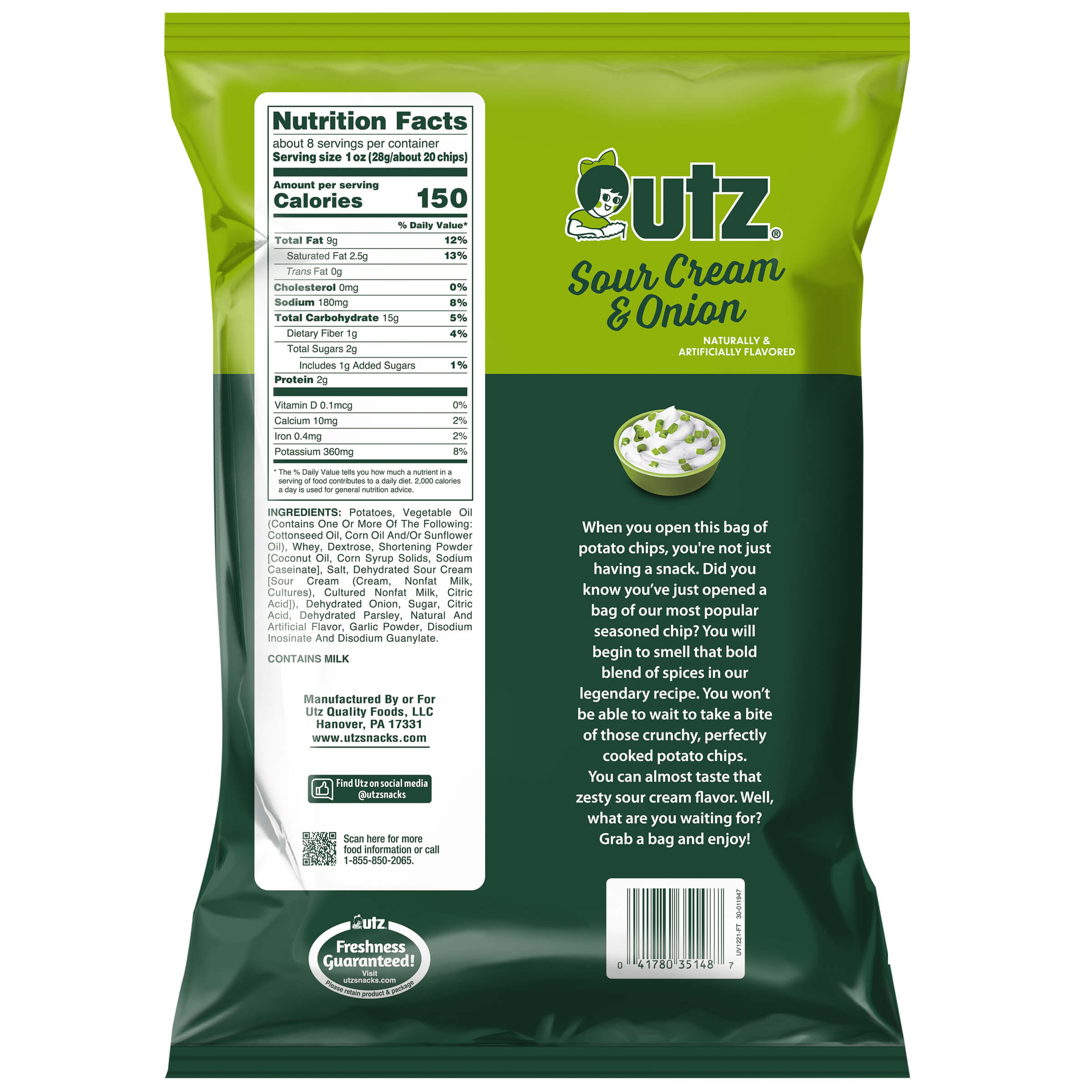 Outz Sour Cream & Onion potato chips packaging with nutrition facts and description on a white background