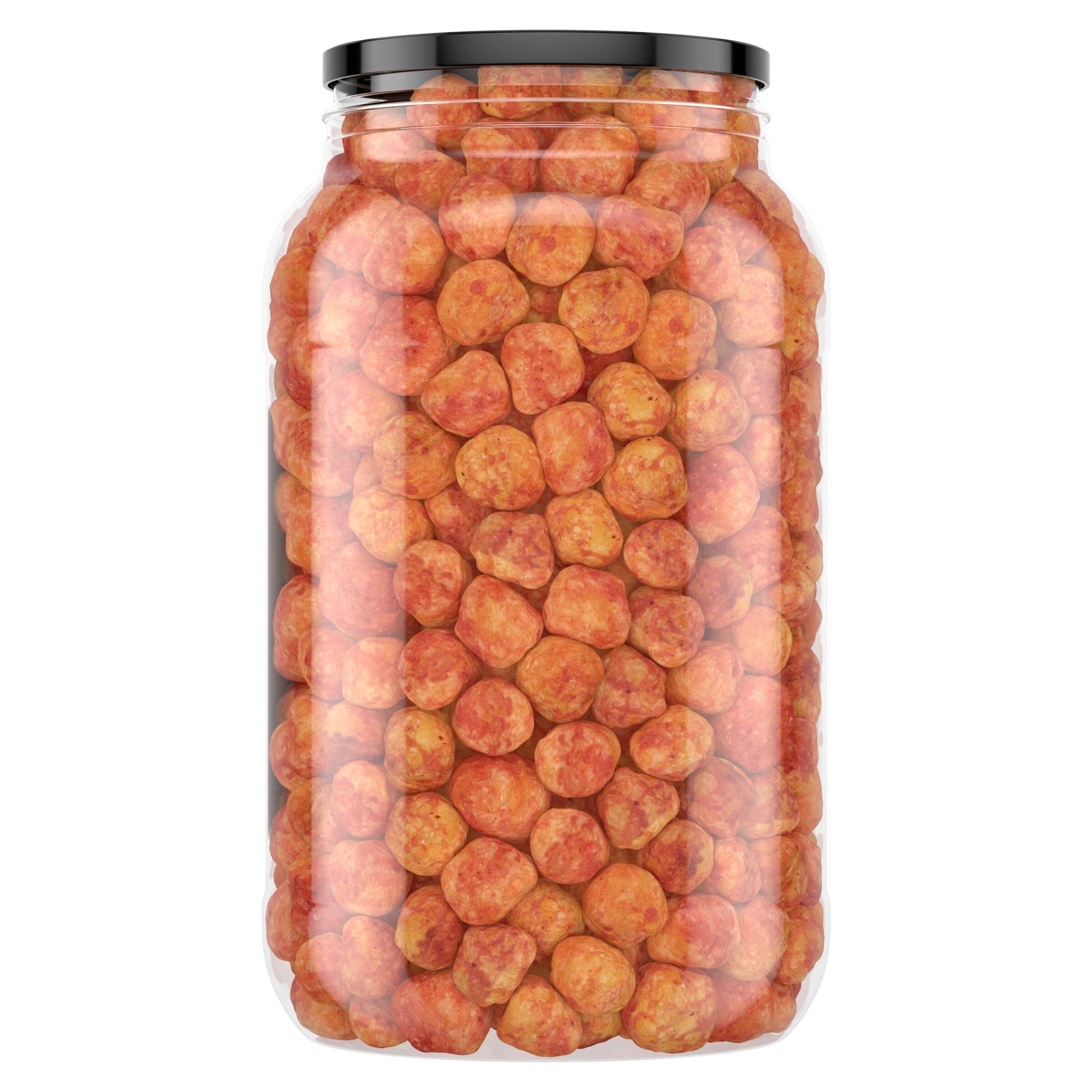 Honey-cheese-flavored puffed snacks in a clear plastic jar with a black lid.