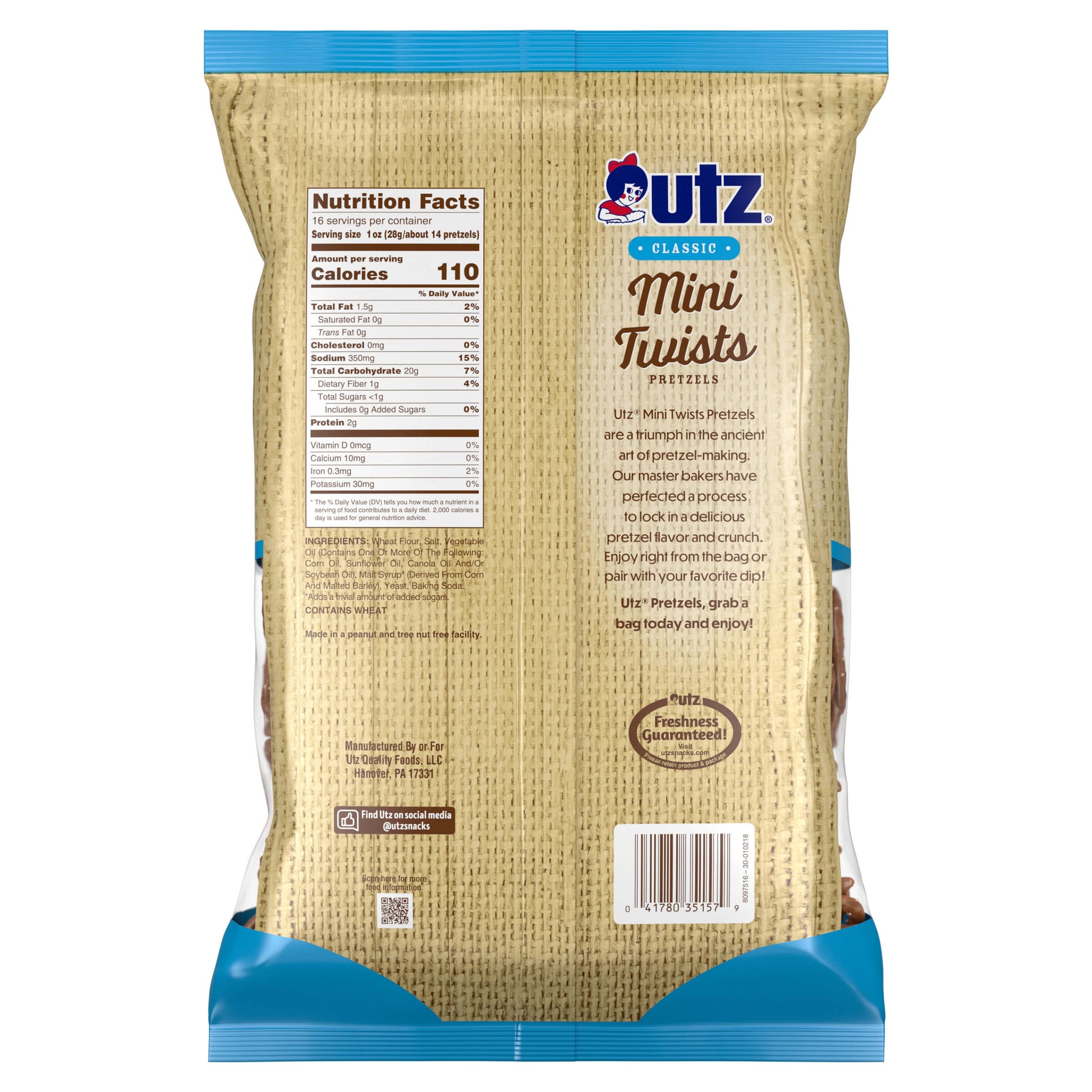 Back view of a Utz Mini Twists pretzel bag with branding and nutritional information.