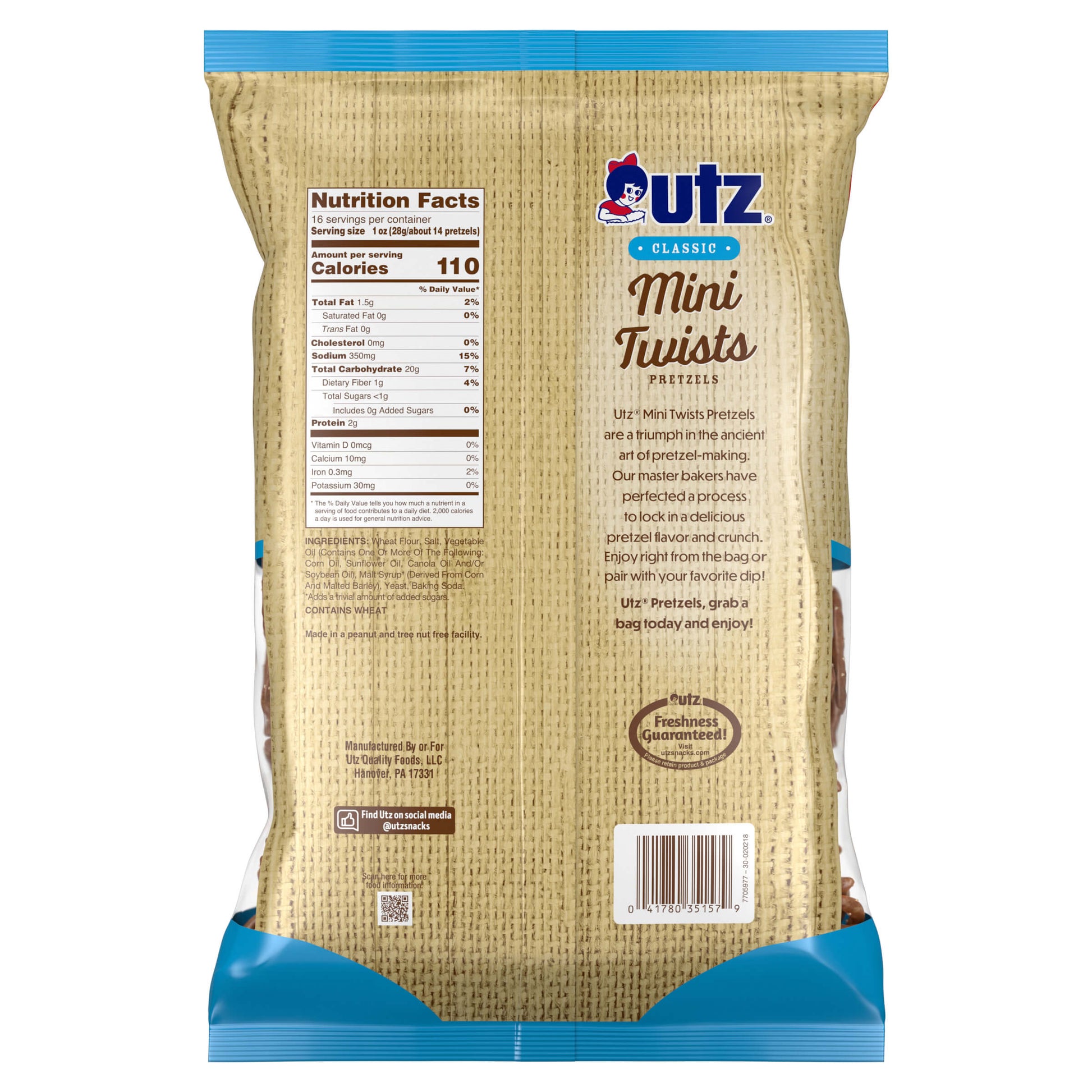 UTZ Classic Mini Twists Pretzels packaging with nutritional information on a white background