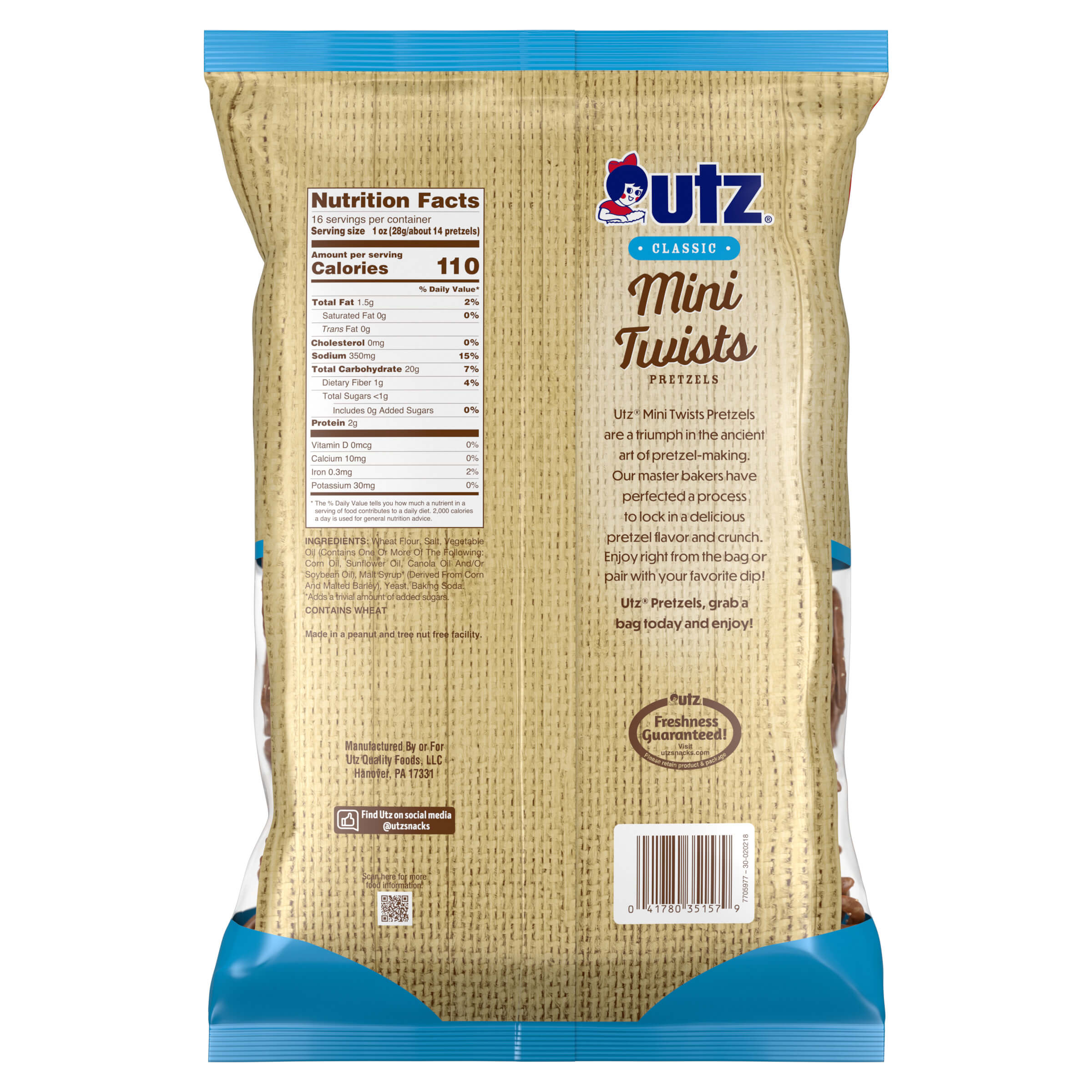 UTZ Classic Mini Twists Pretzels packaging with nutritional information on a white background