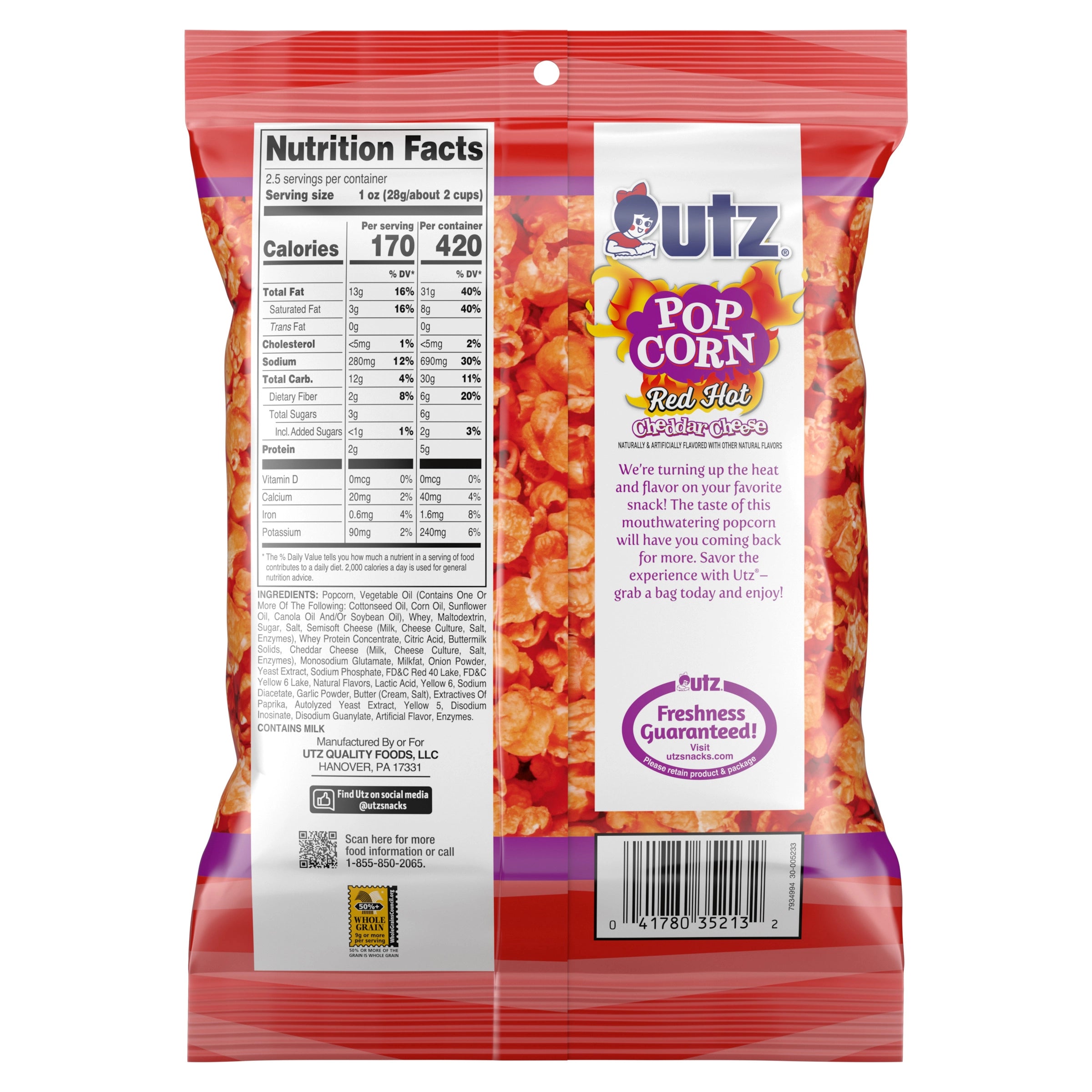 Red and white package of Utz Pop Corn Red Hot Cheddar Cheese with nutrition facts label.