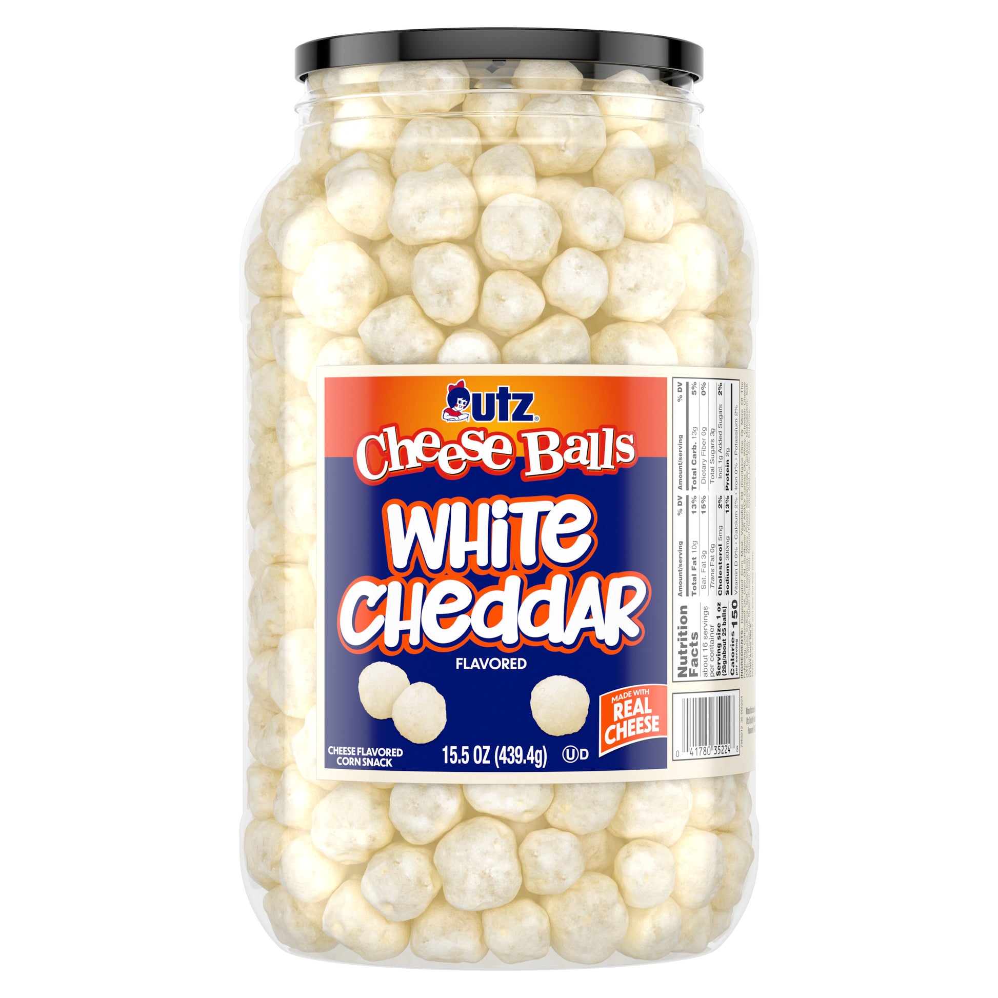 Utz White Cheddar Cheese Balls in barrel container