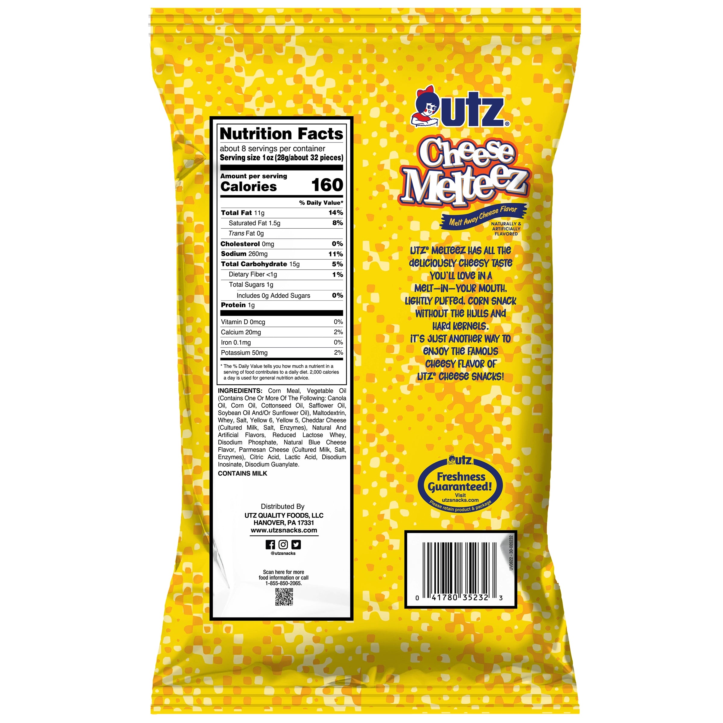 Yellow bag of Utz Cheese Mettez with nutritional information and branding on a white background