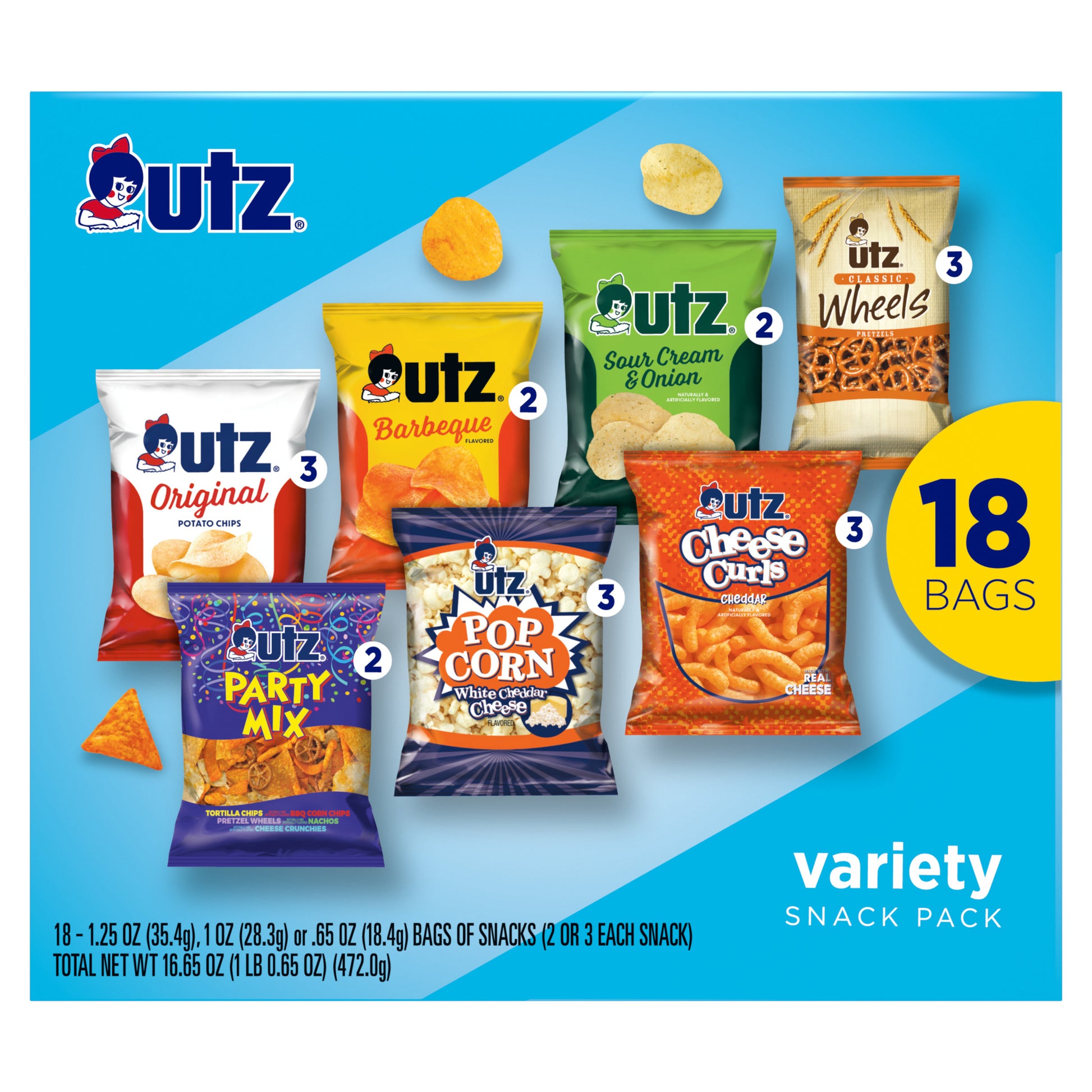 Utz variety snack pack with multiple flavors on a blue background
