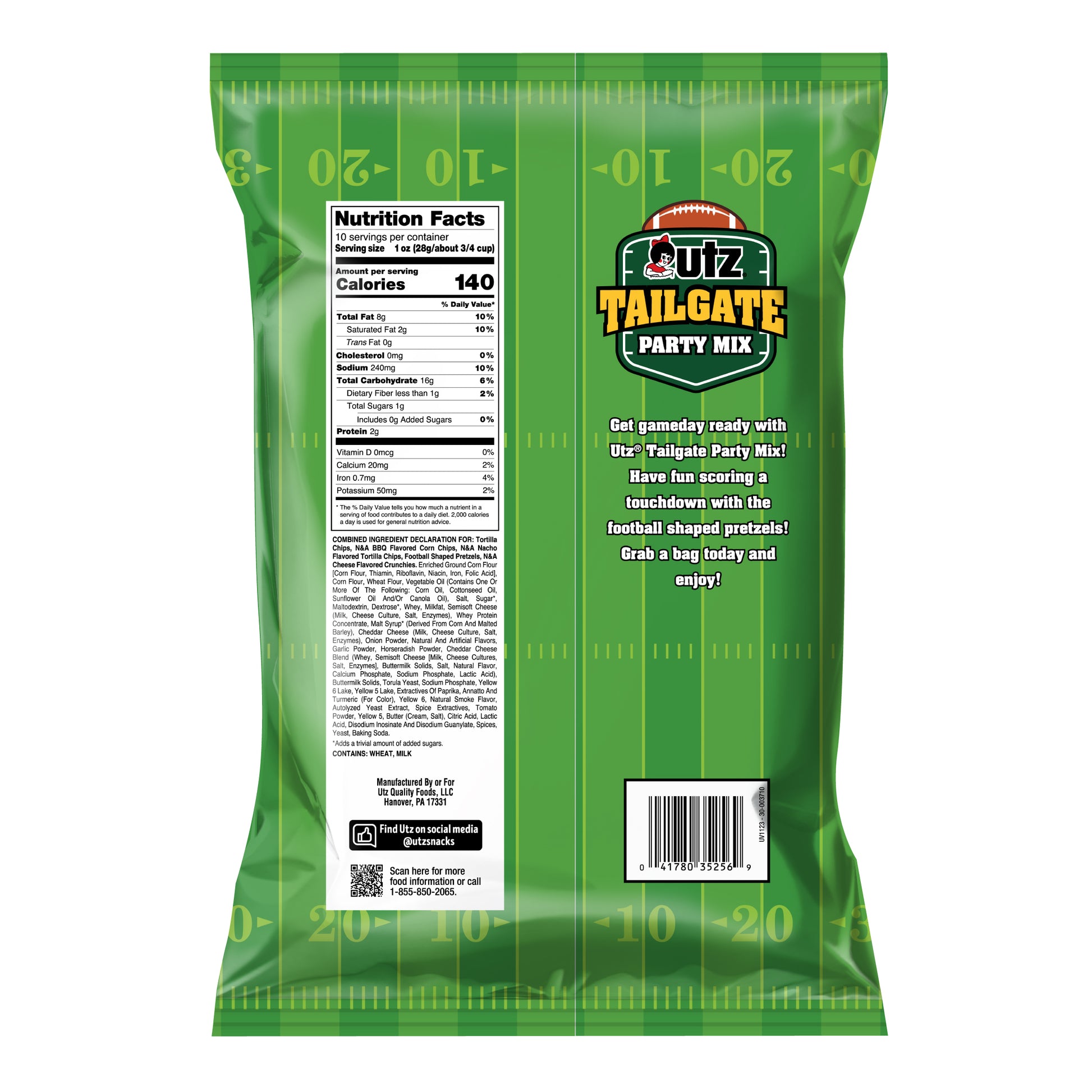 Green bag of Tailgate Party Mix with nutrition facts and branding on a white background