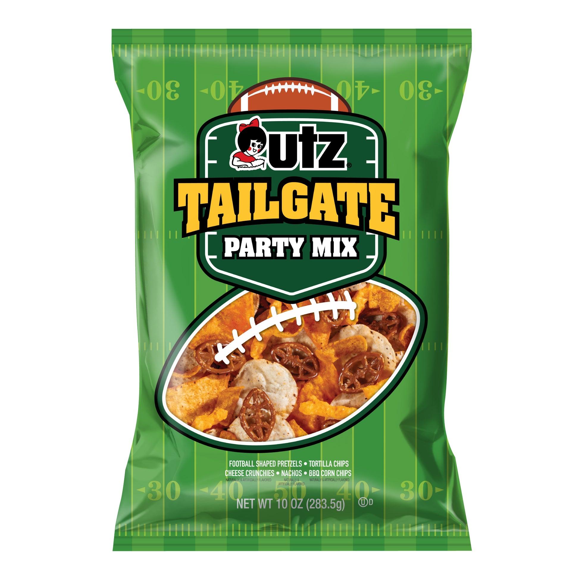 Green bag of Utz Tailgate Party Mix with football design on a white background