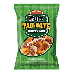 Green bag of Utz Tailgate Party Mix with football design on a white background