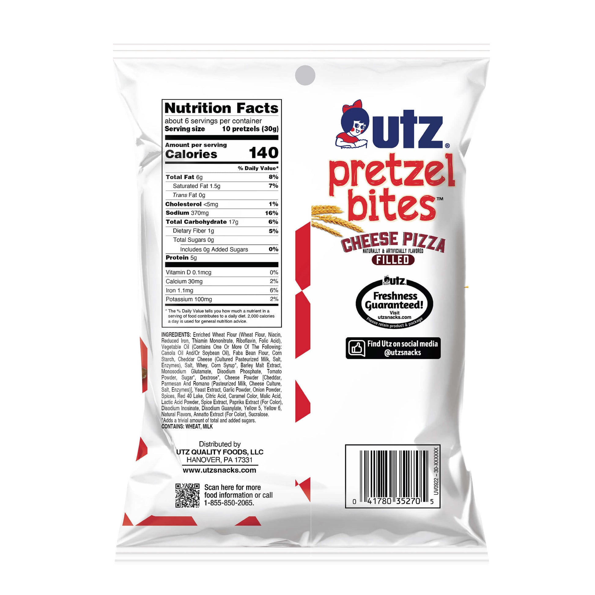 Package of Utz Pretzel Bites Cheese Pizza Flavored on a white background