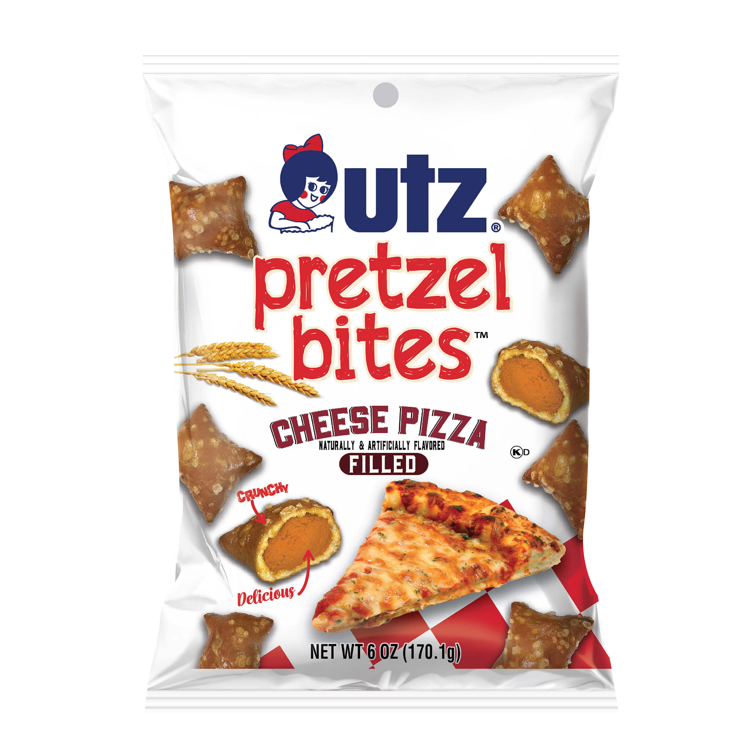 Packaging of Utz Cheese Pizza Filled Pretzel Bites on a white background