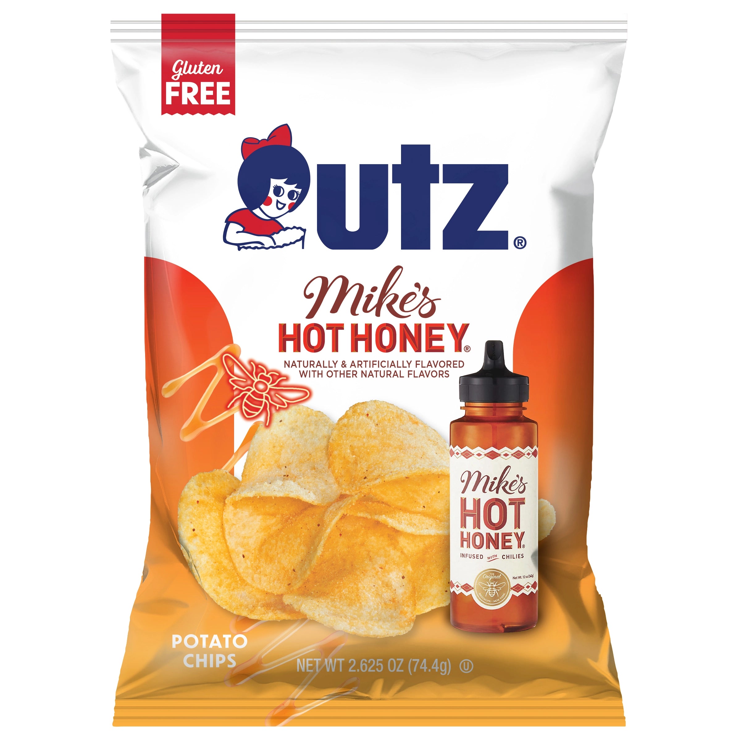 Utz Mike's Hot Honey potato chips packaging with a bottle of Mike's Hot Honey on a white background.