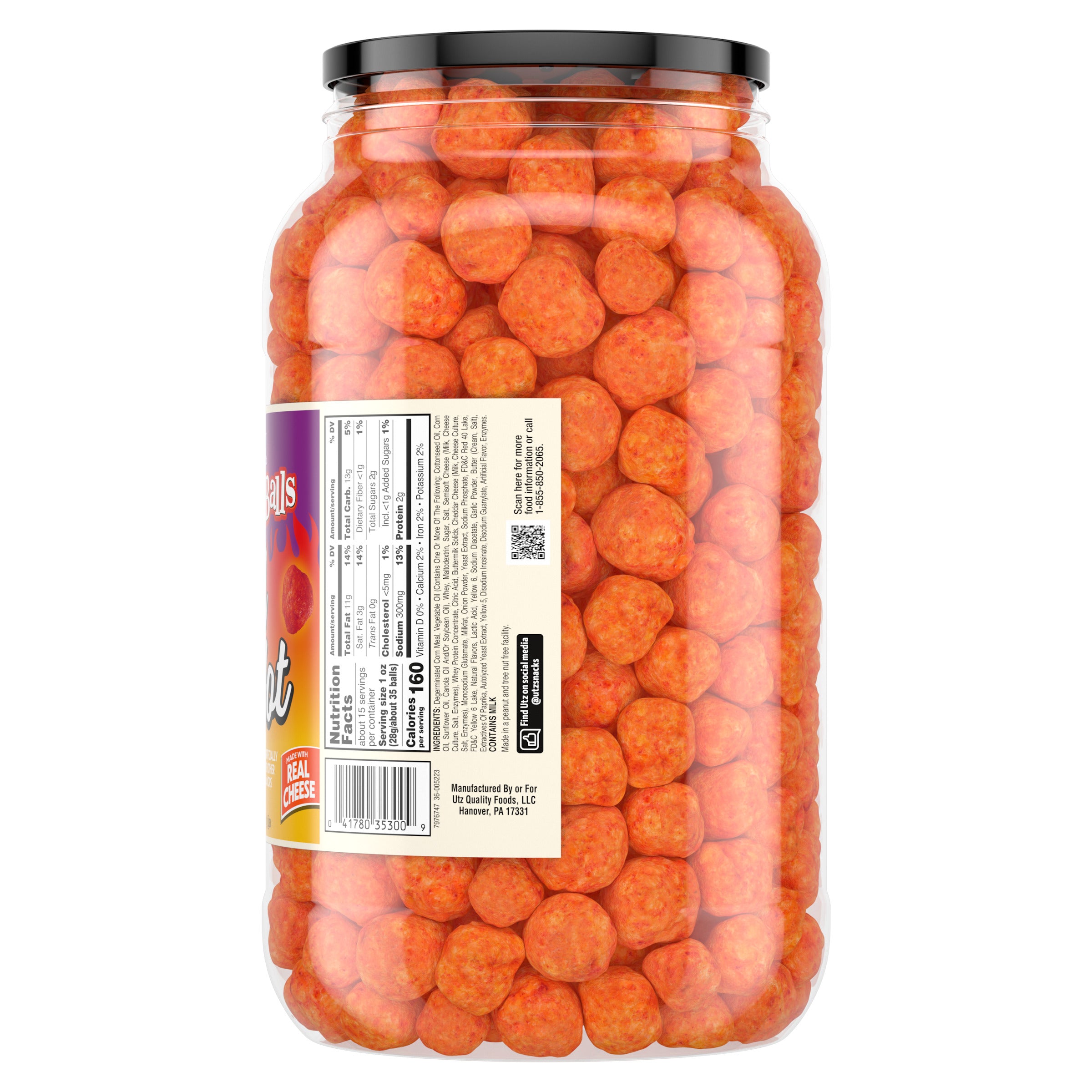Utz Red Hot Cheese Balls barrel side view with nutrition label
