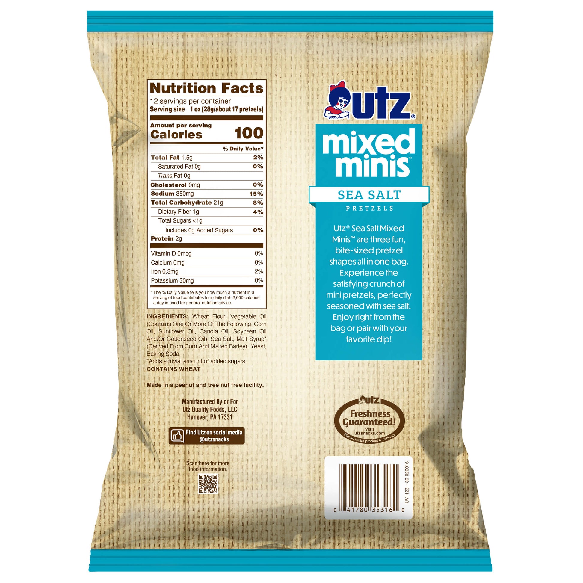 UTZ Mixed Minis Sea Salt Pretzels packaging with nutrition facts and ingredients list.