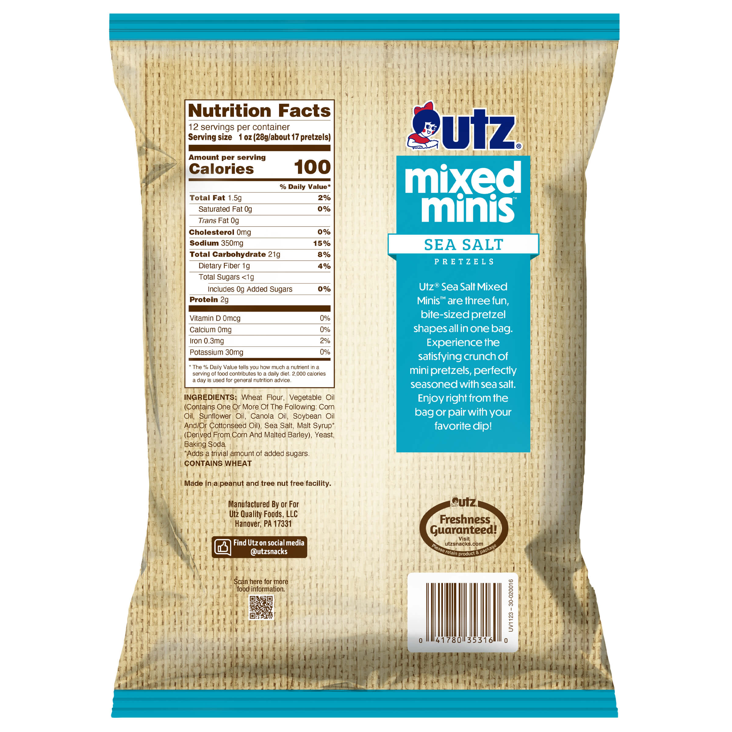 UTZ Mixed Minis Sea Salt Pretzels packaging with nutrition facts and ingredients list.