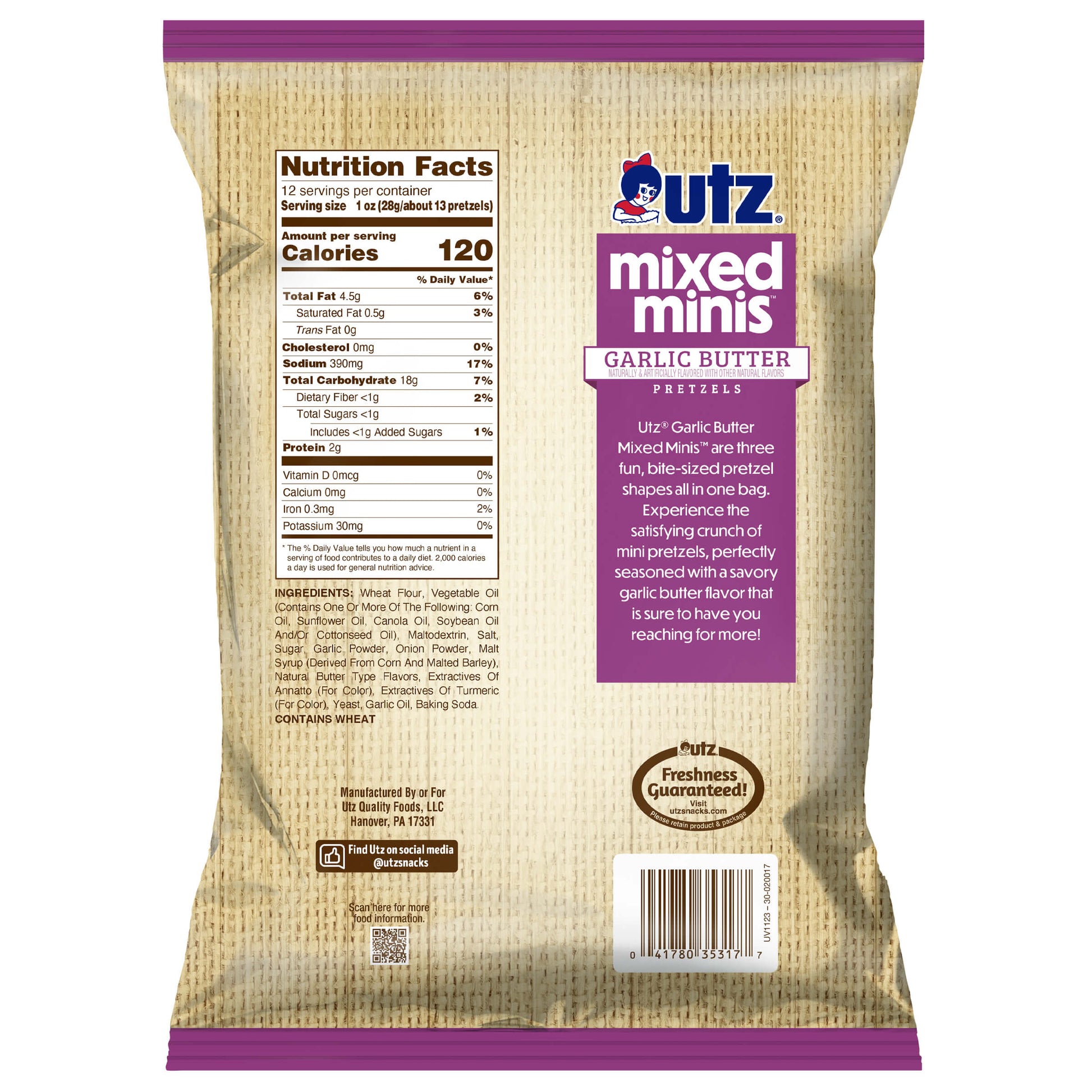 Back of Utz Mixed Minis Garlic Butter Pretzels bag showing nutrition facts and product description