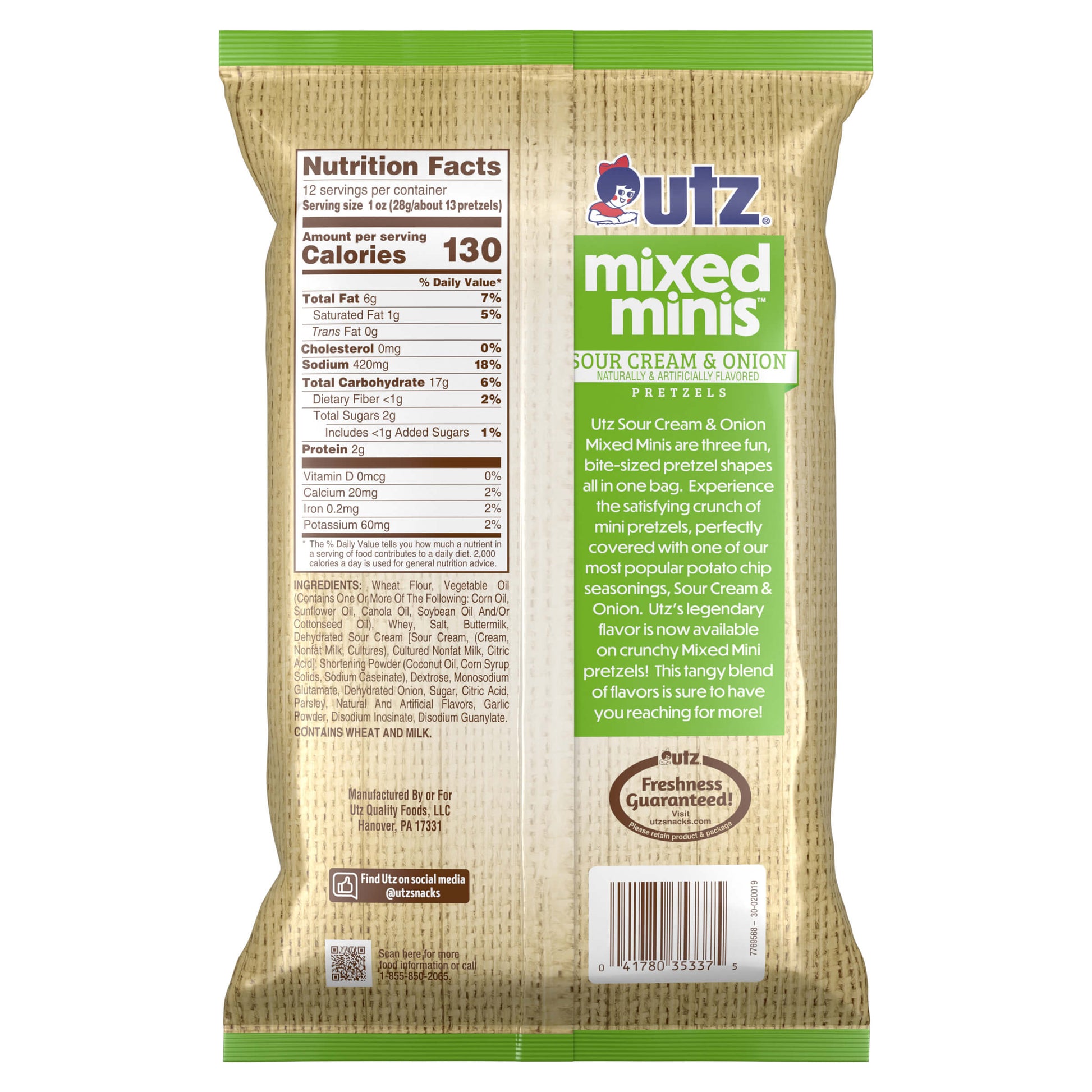 Back of a tan bag of Utz Mixed Minis pretzels with Sour Cream & Onion flavor, showing nutrition facts and a "Freshness Guaranteed" seal.