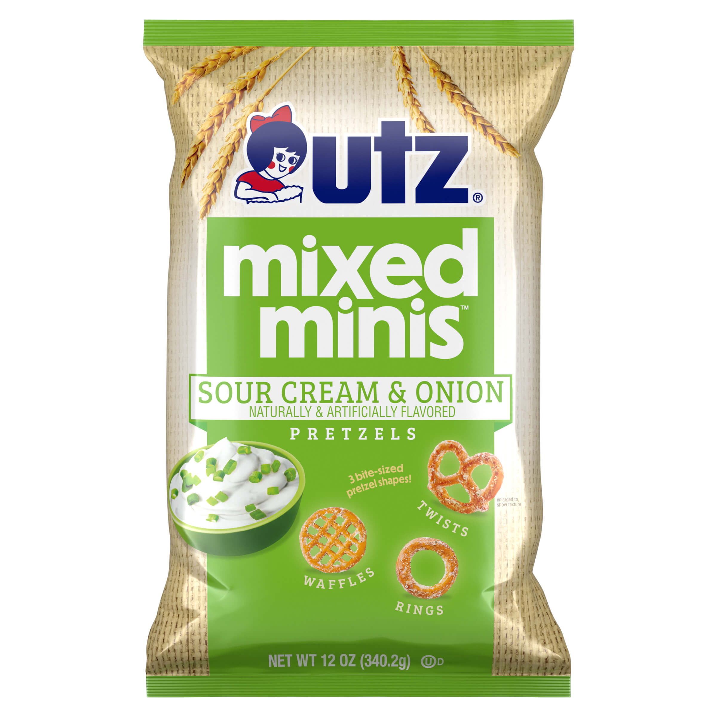 UTZ Mixed Minis Sour Cream & Onion Pretzels packaging on a white background