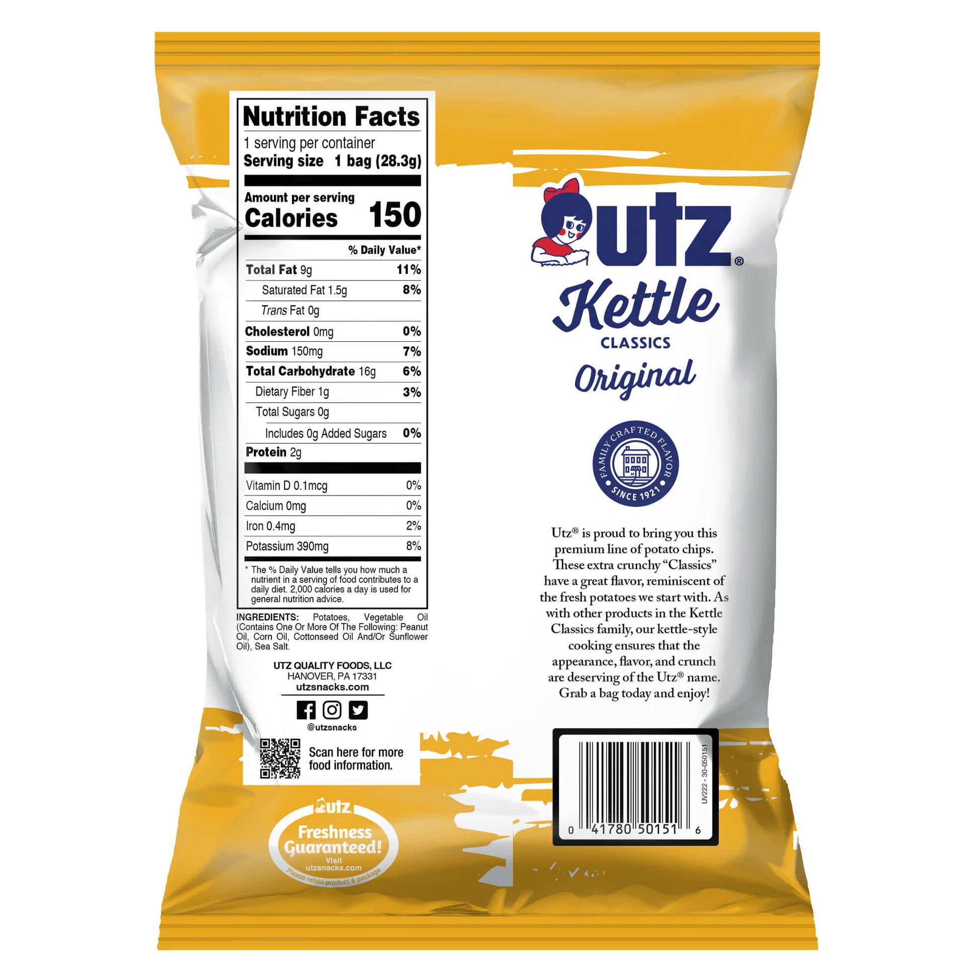UTZ Kettle Classics Original potato chips packaging with nutrition facts label