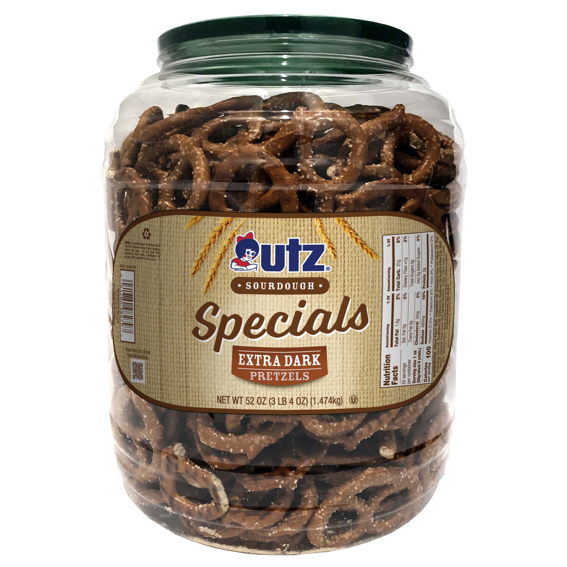 Jar of utz Sourdough Specials Extra Dark Pretzels on a white background