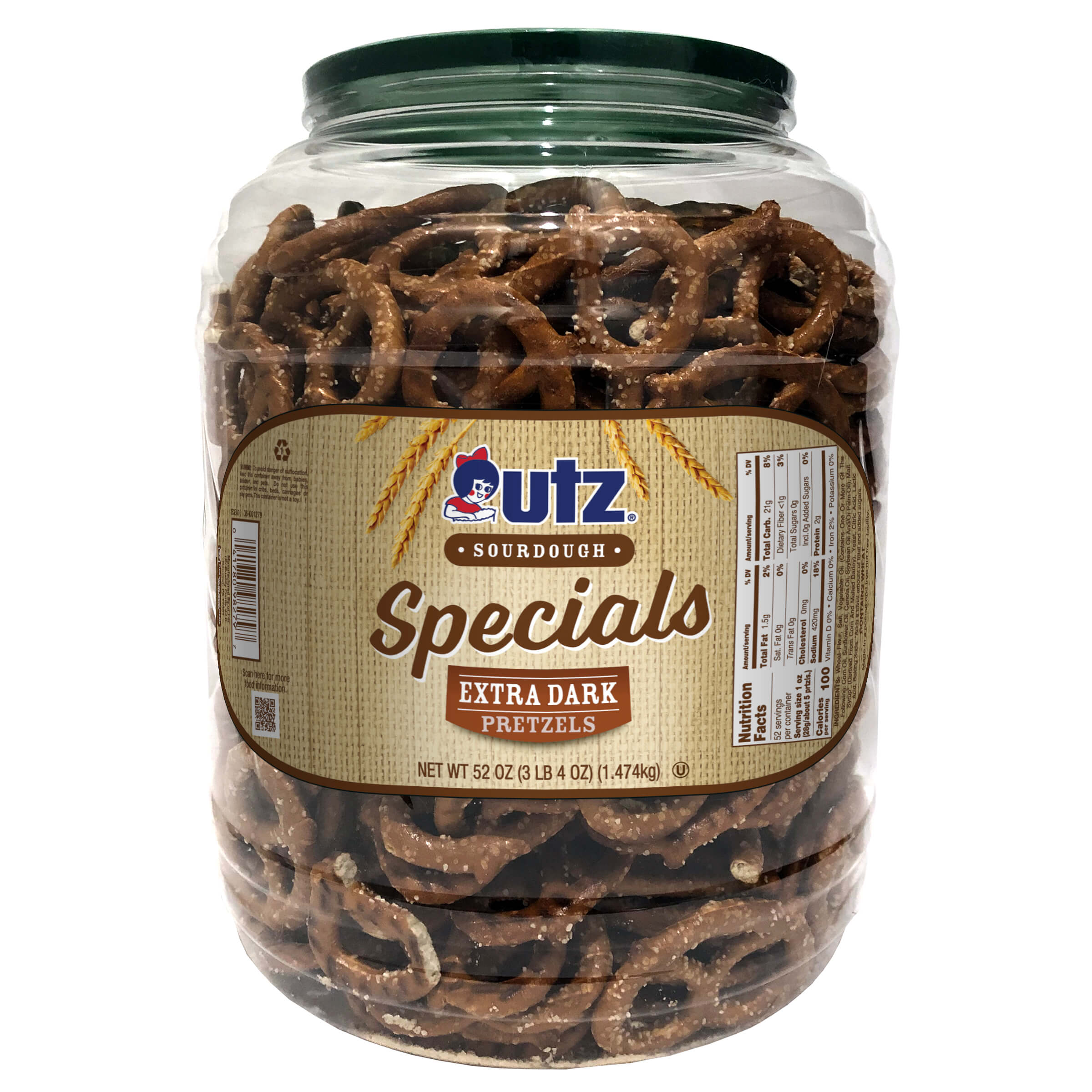 Jar of utz Sourdough Specials Extra Dark Pretzels on a white background