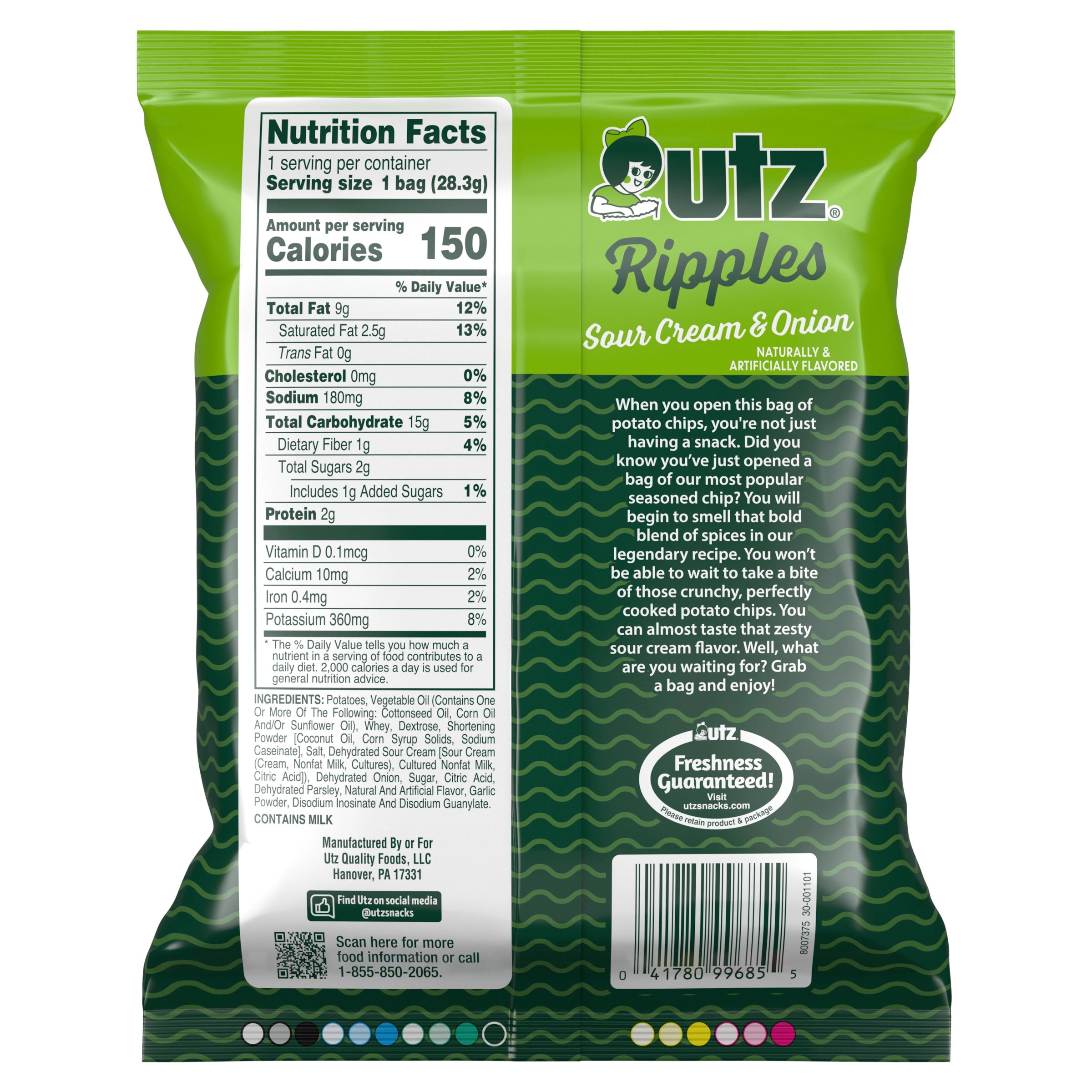 Green package of Utz Ripples Sour Cream & Onion potato chips with nutrition facts label.