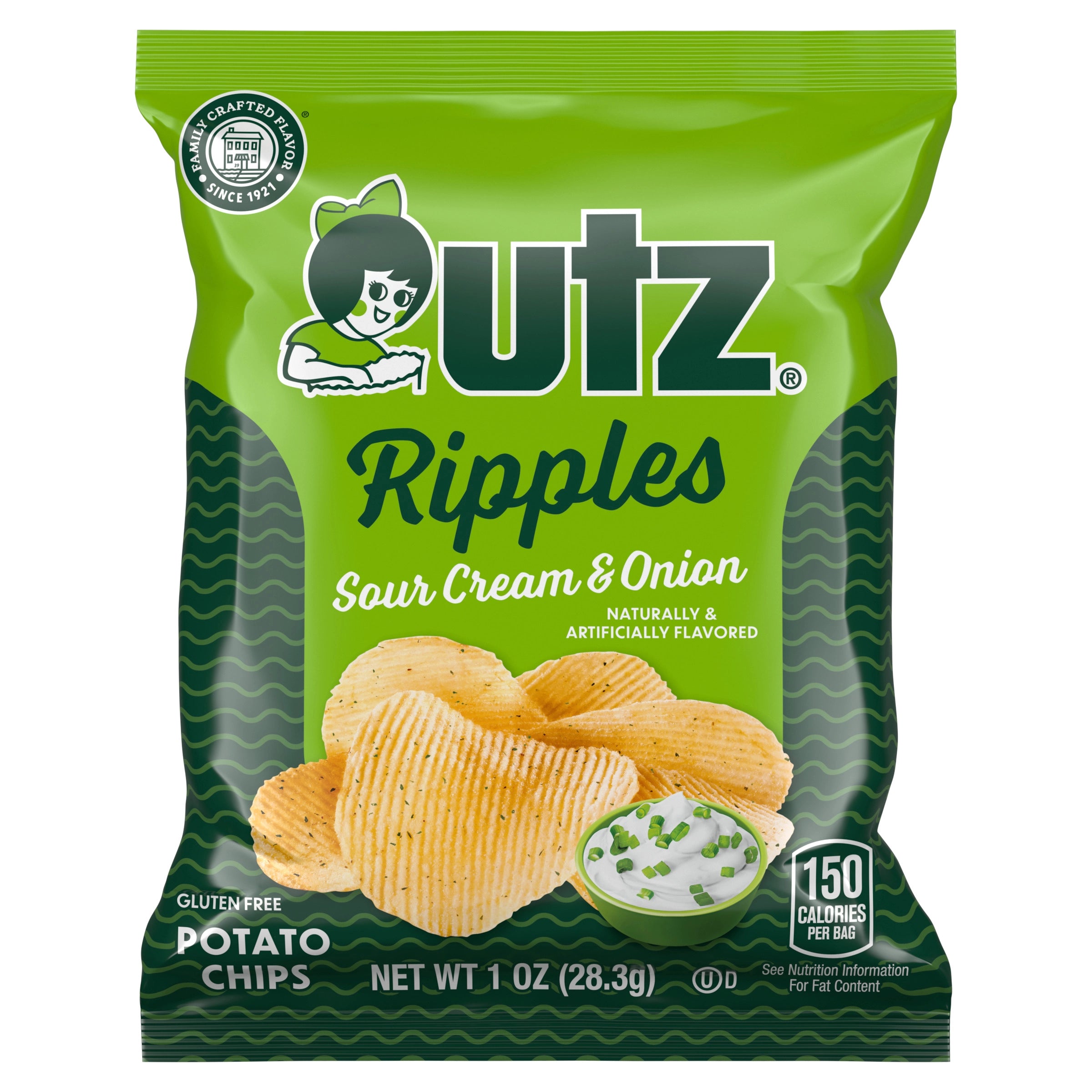 Utz Ripples Sour Cream & Onion potato chips packaging on a white background