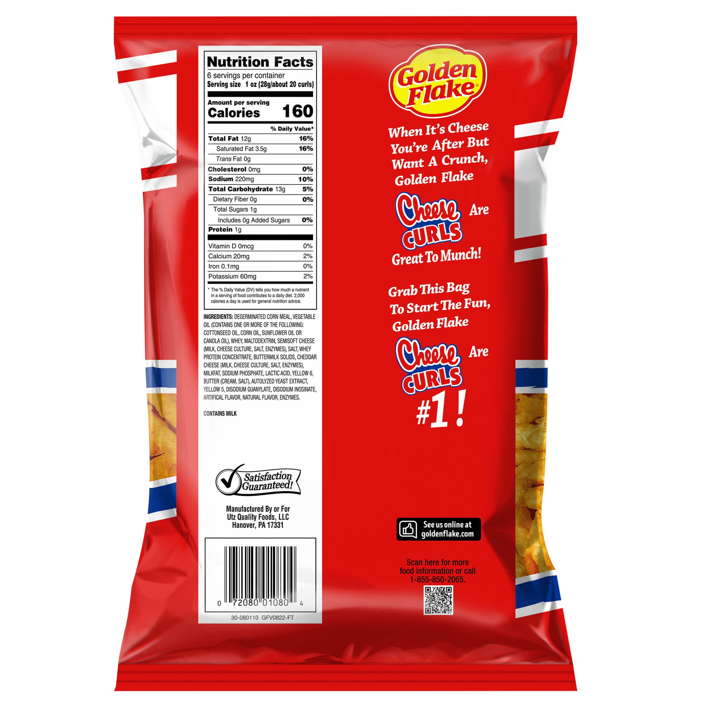 Back view of a Golden Flake snack package with text and nutrition label.