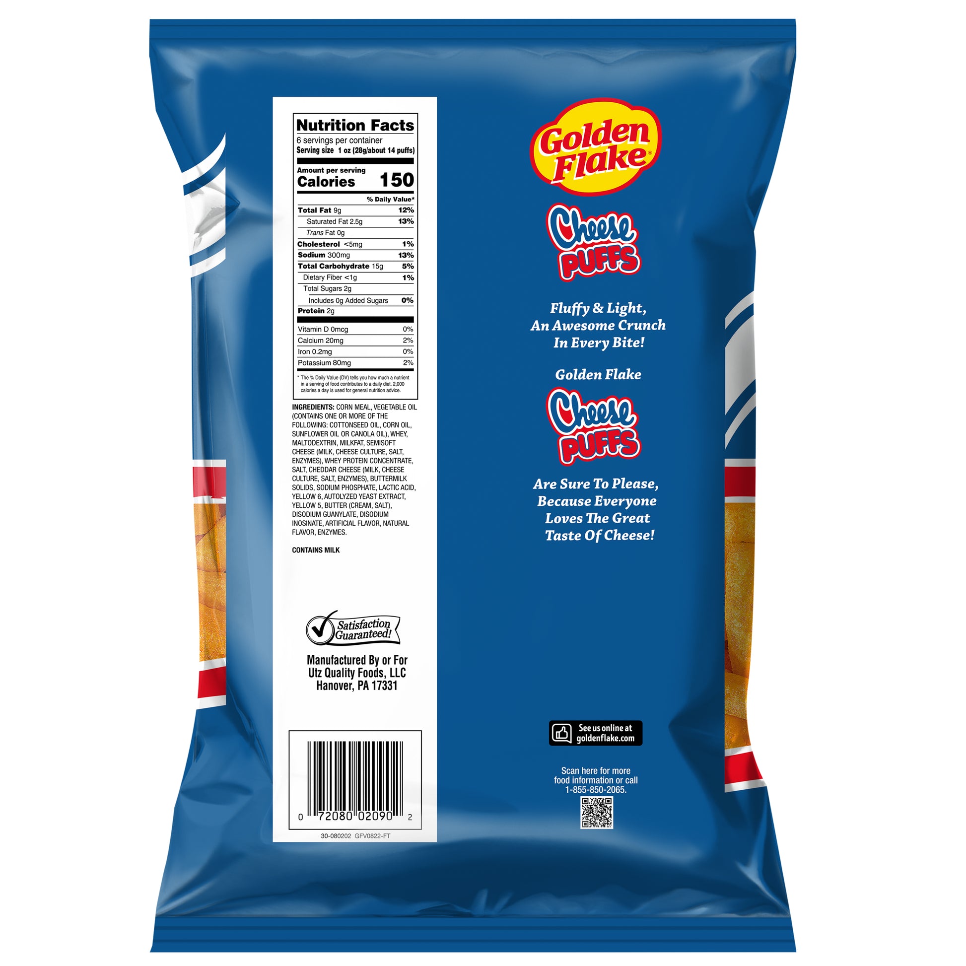 Golden Flake Cheese Puffs bag back with nutrition facts