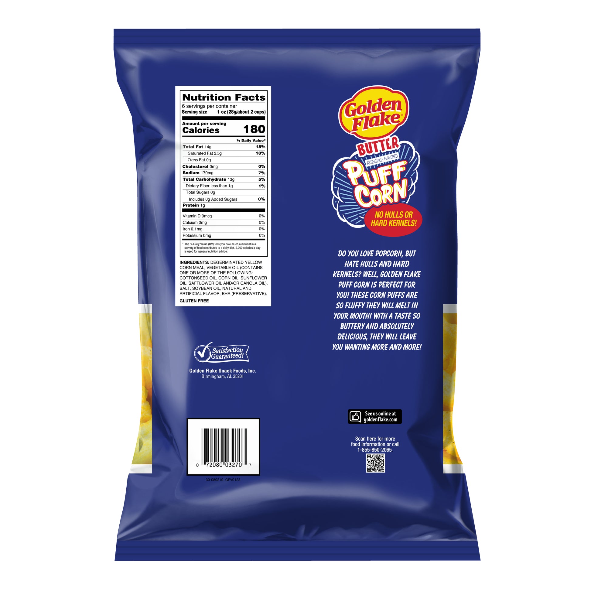 Back of a Golden Flake Butter Pop Corn package with nutritional information and branding.