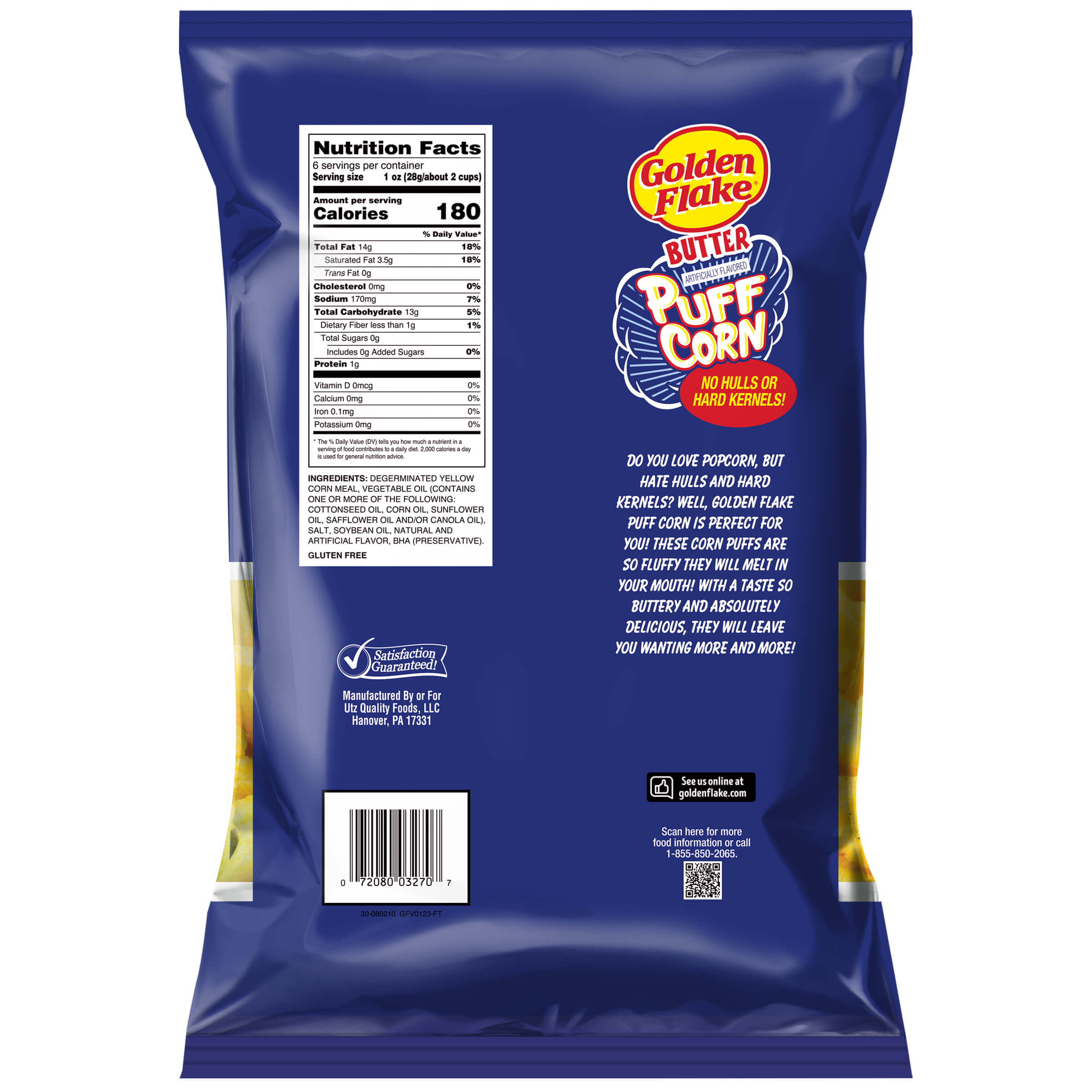 Back view of a Golden Flake Puff Corn package with branding and nutritional information.