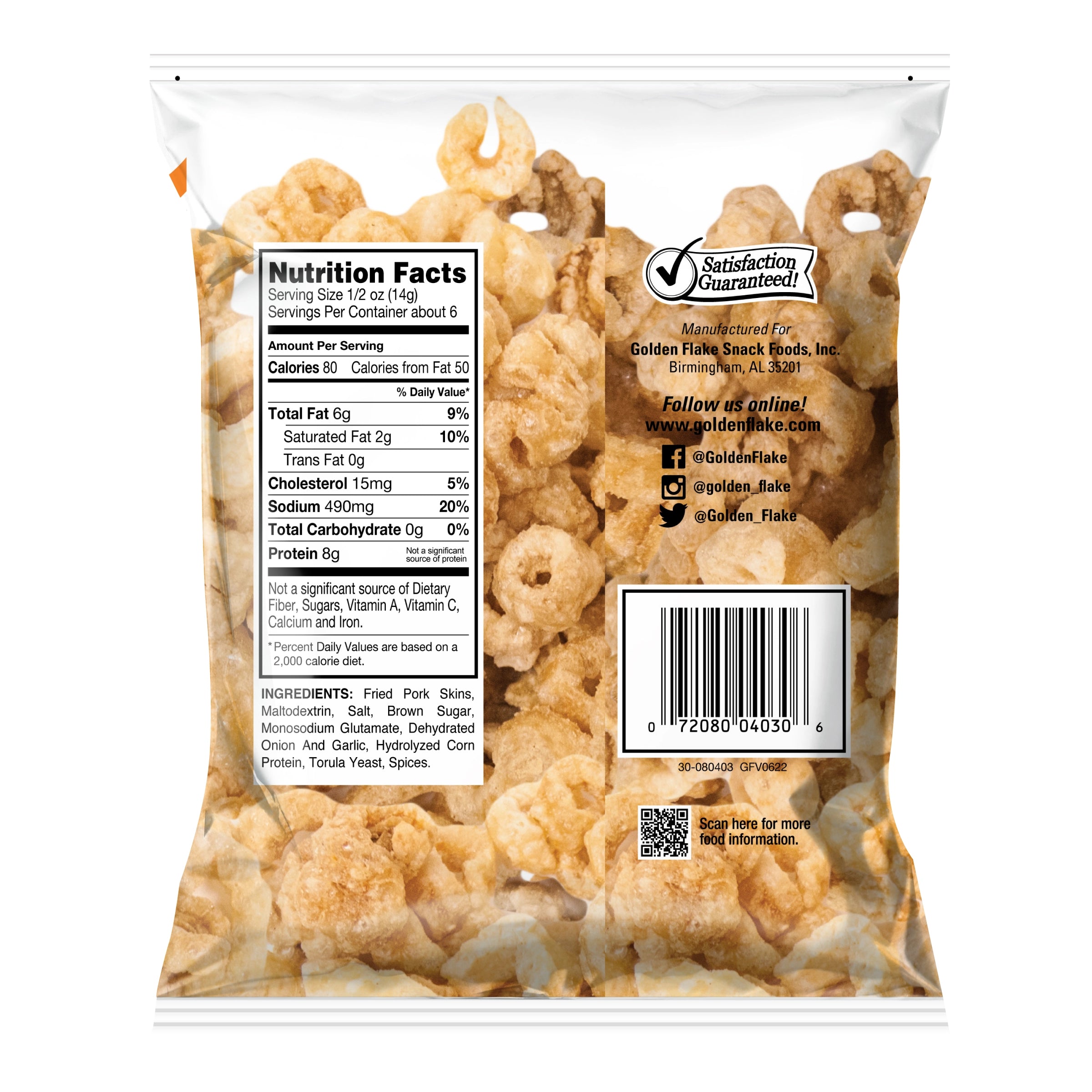 Package of Golden Flakes Snacks with nutrition facts and ingredients listed.