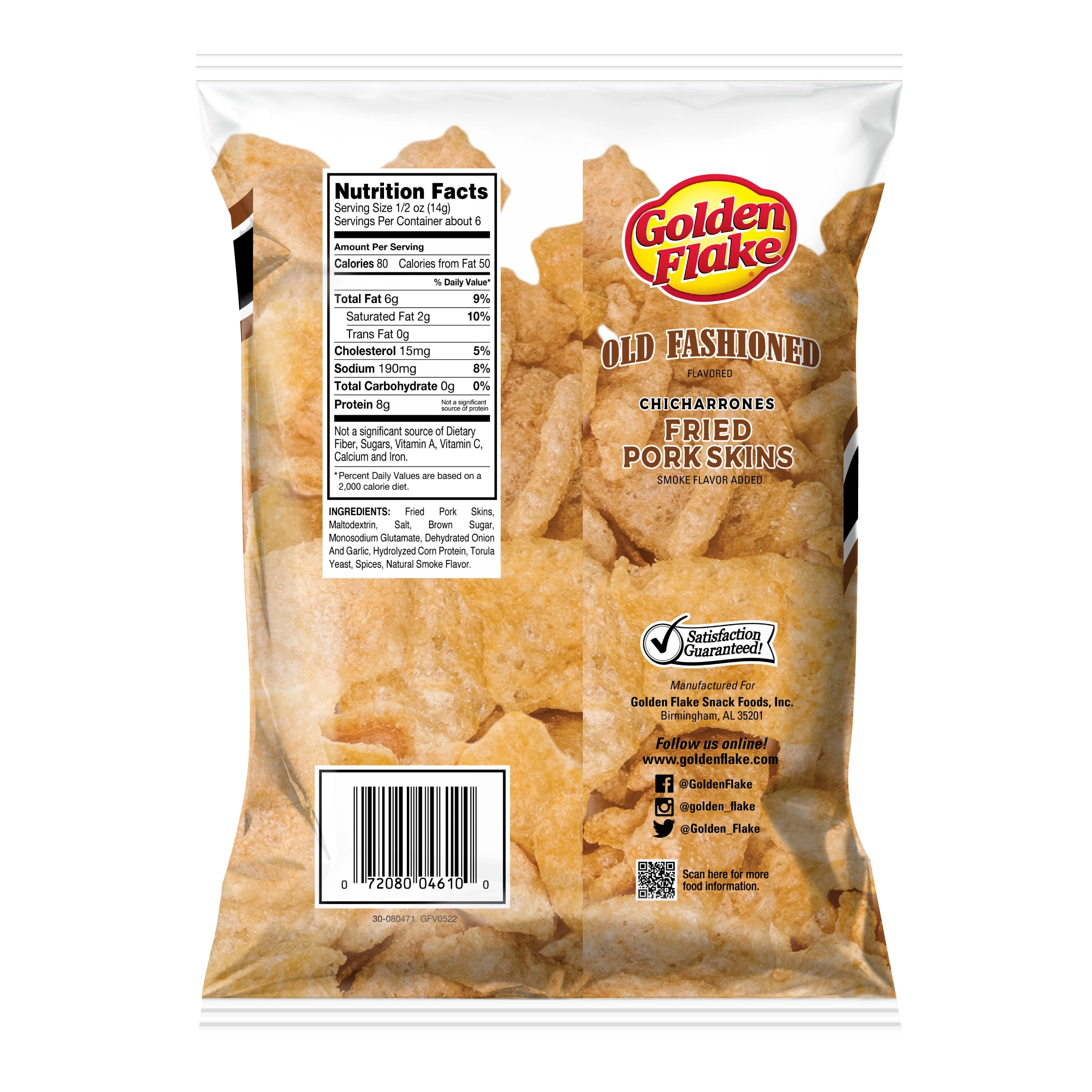 Bag of Golden Flare Old Fashioned Fried Pork Skins with nutrition label and branding.